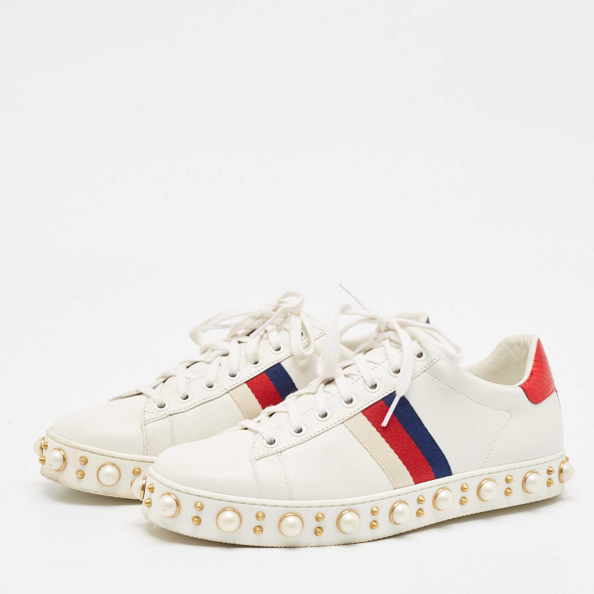 Gucci White Leather Studded And Pearl Embellished Ace Sneakers Size 40