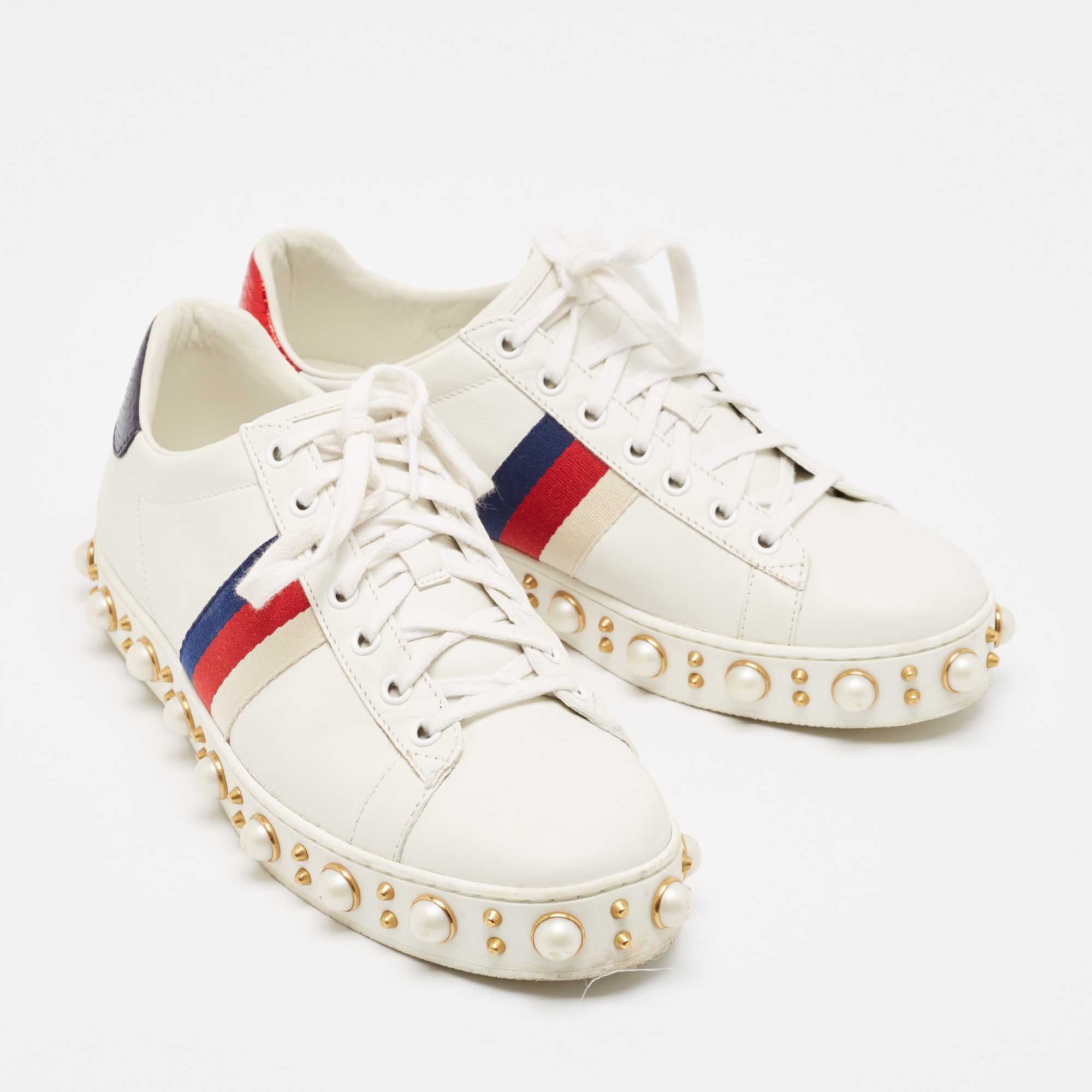 Gucci White Leather Studded And Pearl Embellished Ace Sneakers Size 40