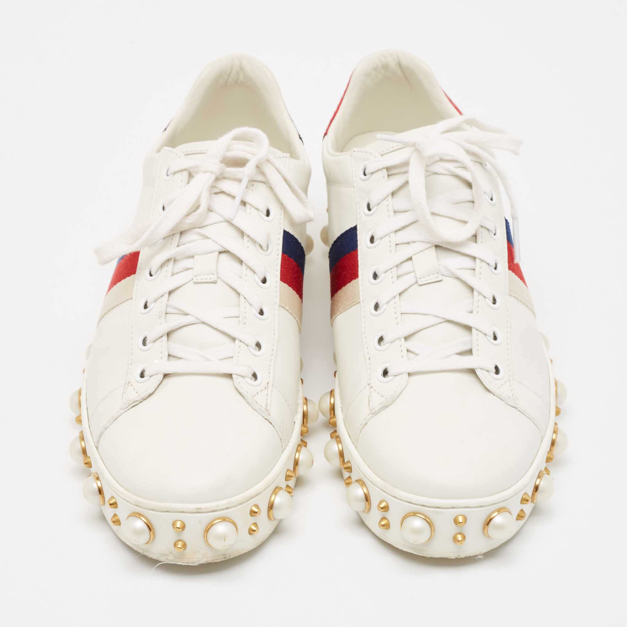 Gucci White Leather Studded And Pearl Embellished Ace Sneakers Size 40