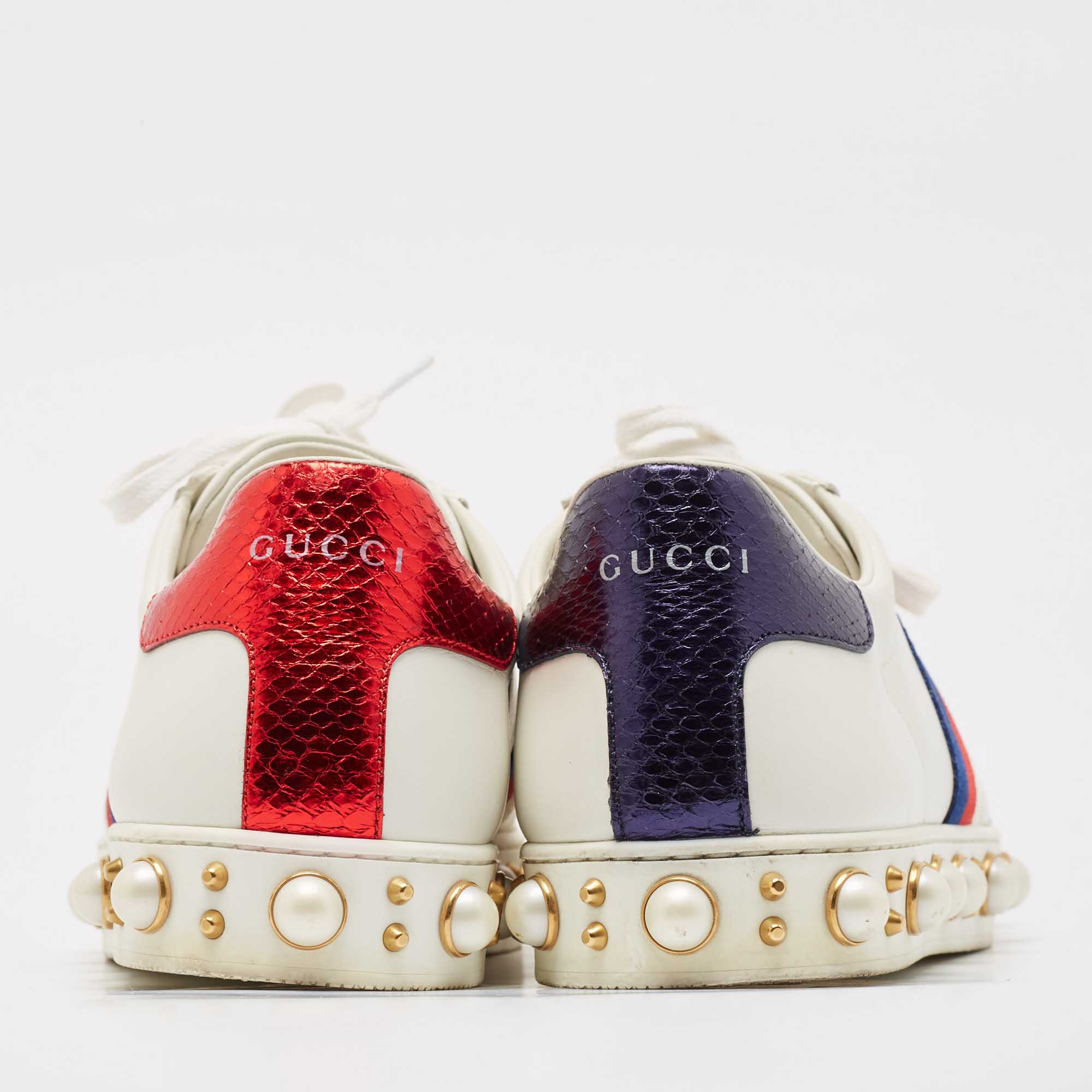 Gucci White Leather Studded And Pearl Embellished Ace Sneakers Size 40