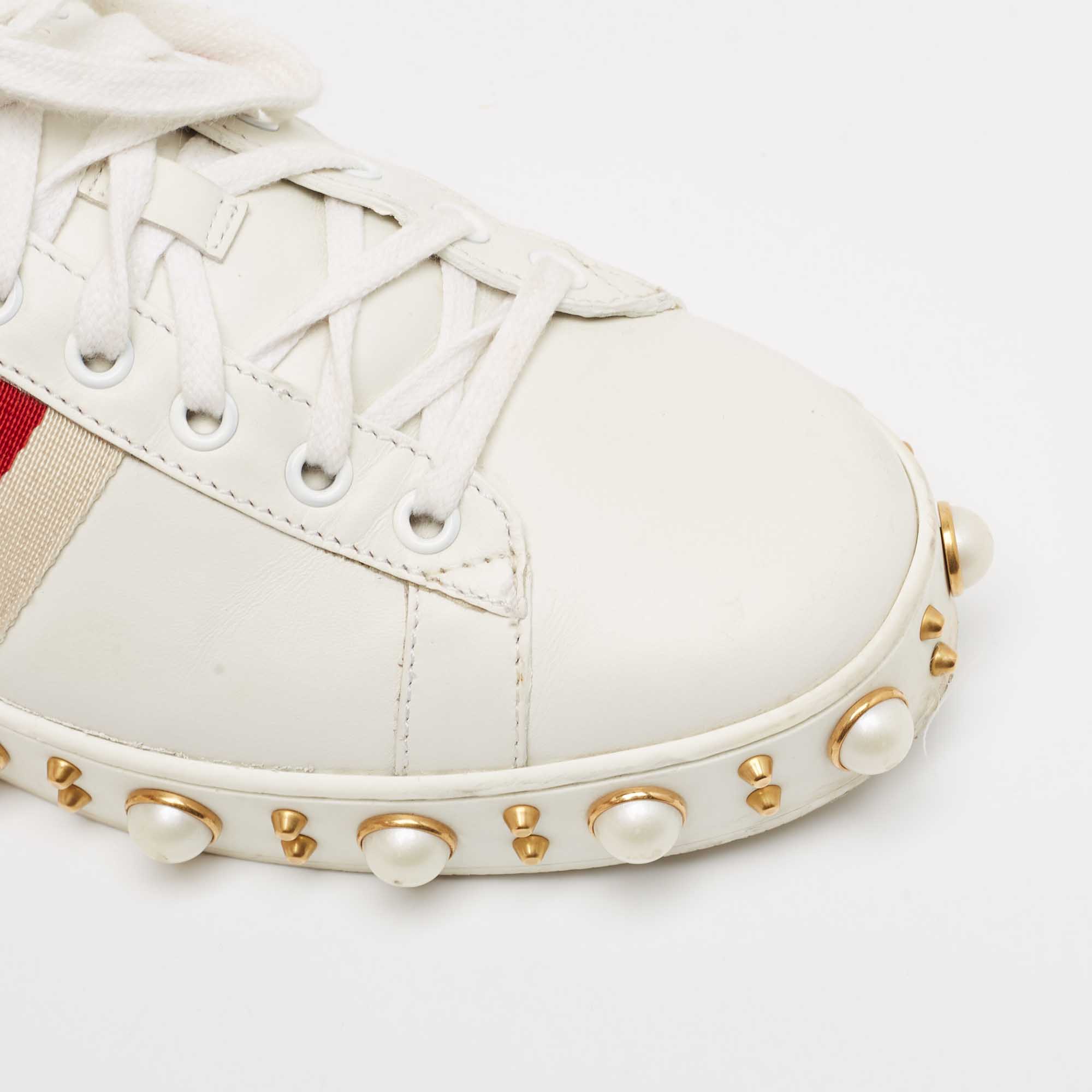 Gucci White Leather Studded And Pearl Embellished Ace Sneakers Size 40