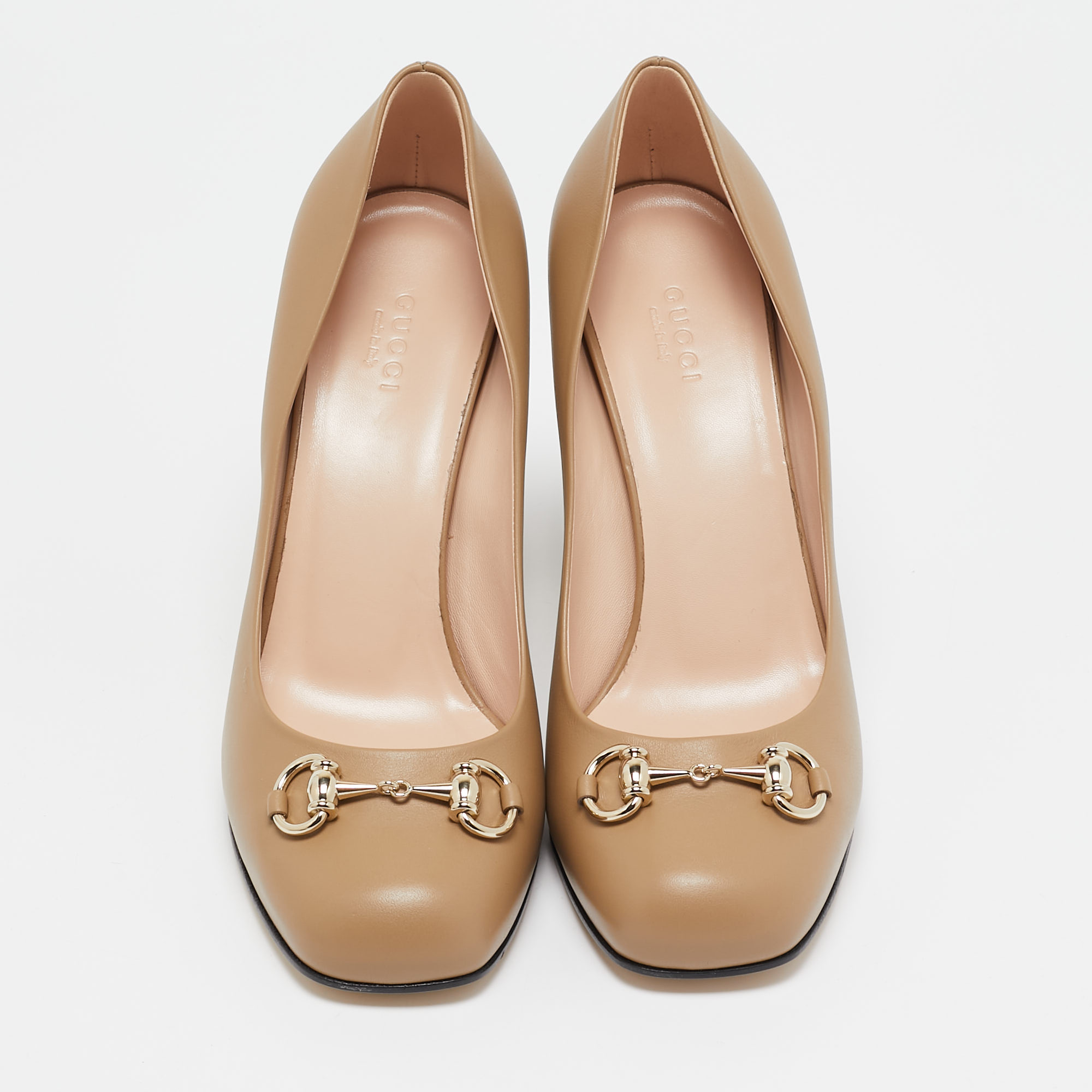 Gucci Beige Leather Horsebit Block Heel Pumps Size 39