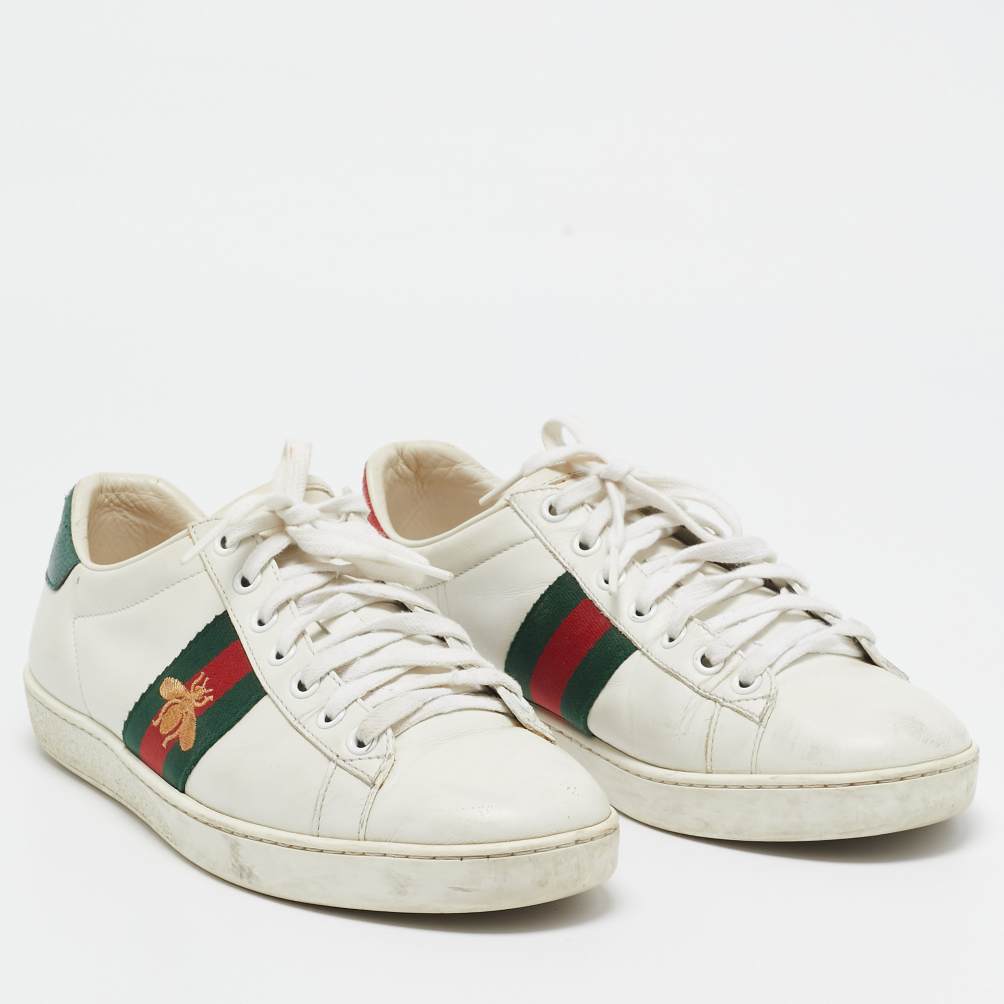 Gucci White Leather And Snakeskin Embossed Ace Lace Up Sneakers Size 38