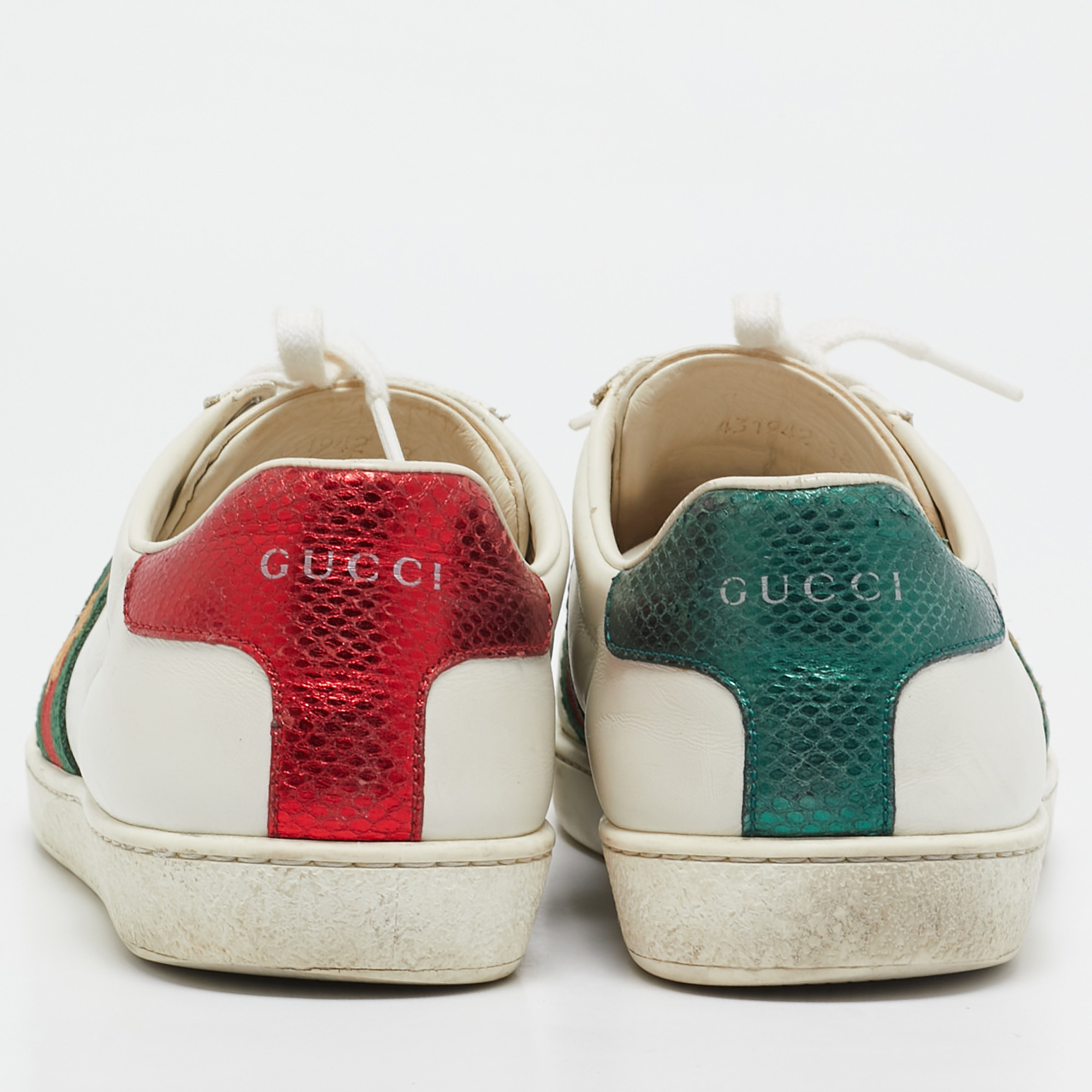 Gucci White Leather And Snakeskin Embossed Ace Lace Up Sneakers Size 38