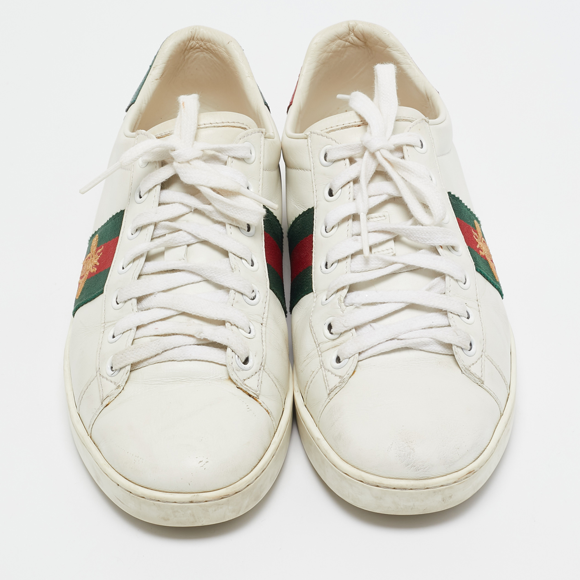 Gucci White Leather And Snakeskin Embossed Ace Lace Up Sneakers Size 38