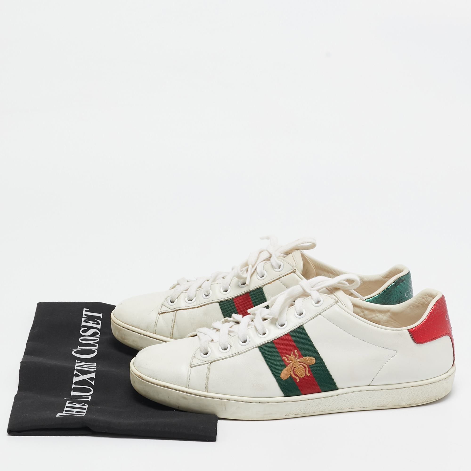 Gucci White Leather And Snakeskin Embossed Ace Lace Up Sneakers Size 38