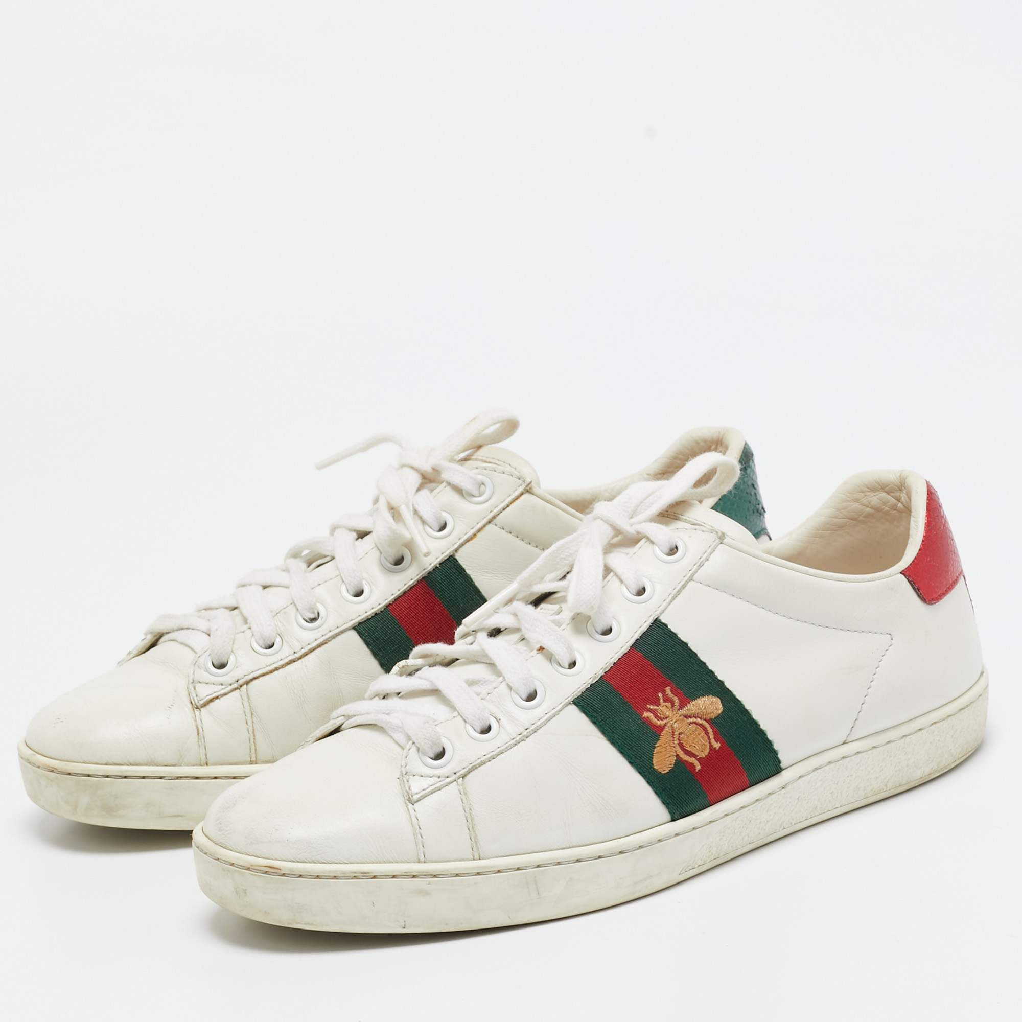 Gucci White Leather And Snakeskin Embossed Ace Lace Up Sneakers Size 38