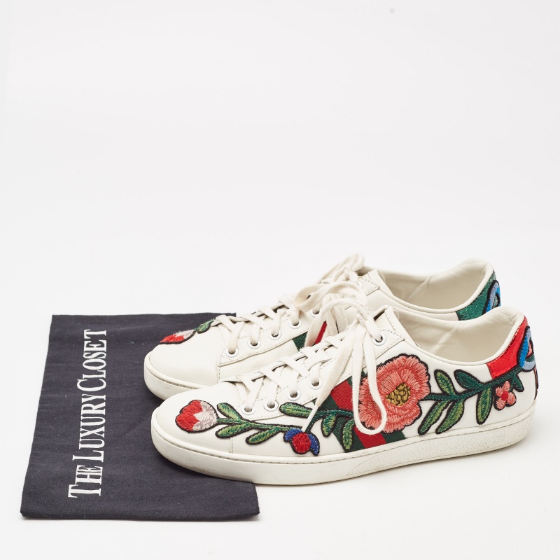 Gucci White Leather Floral Embroidered Ace Low Top Sneakers Size 38.5