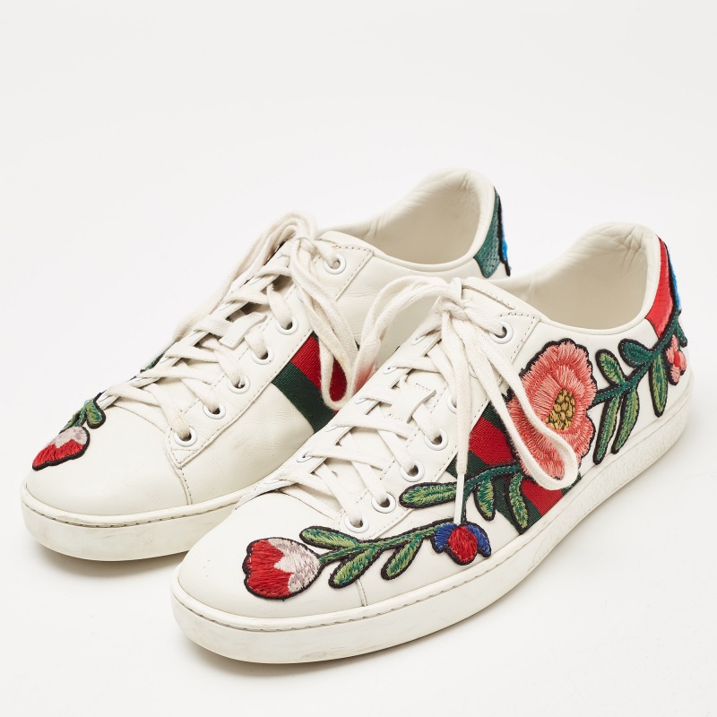 Gucci White Leather Floral Embroidered Ace Low Top Sneakers Size 38.5