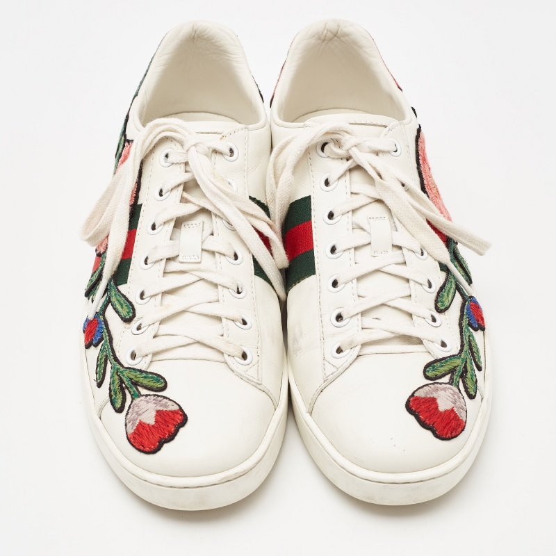 Gucci White Leather Floral Embroidered Ace Low Top Sneakers Size 38.5