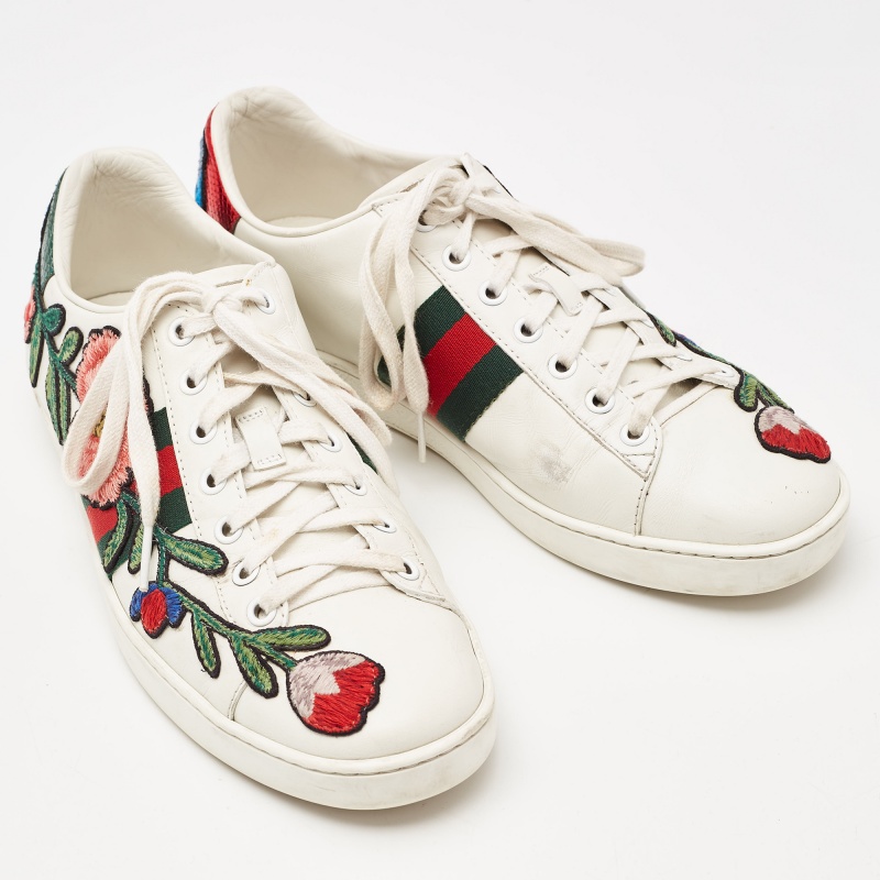 Gucci White Leather Floral Embroidered Ace Low Top Sneakers Size 38.5