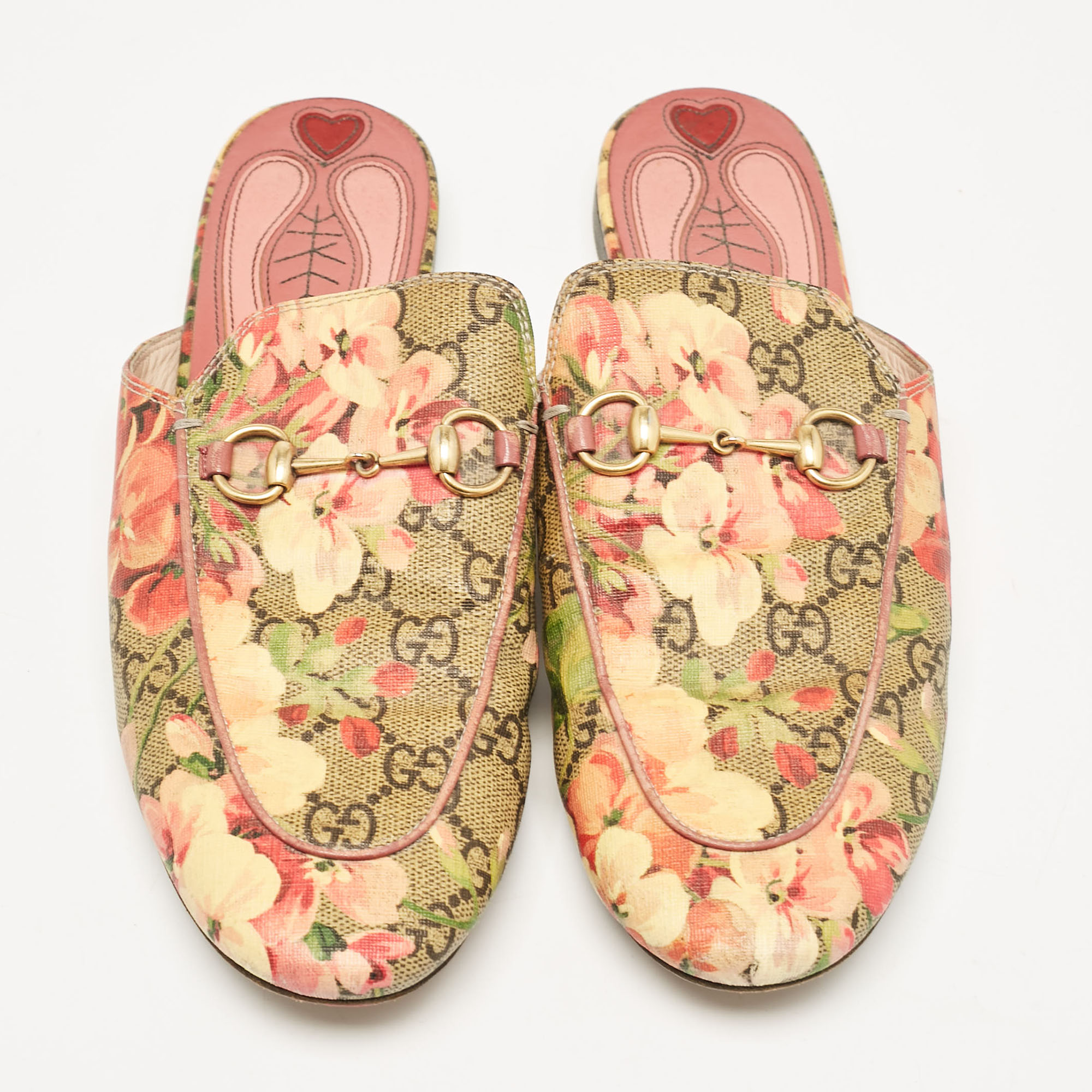 Gucci Beige/Brown GG Supreme Canvas Blooms Print Princetown Flat Mules Size 39