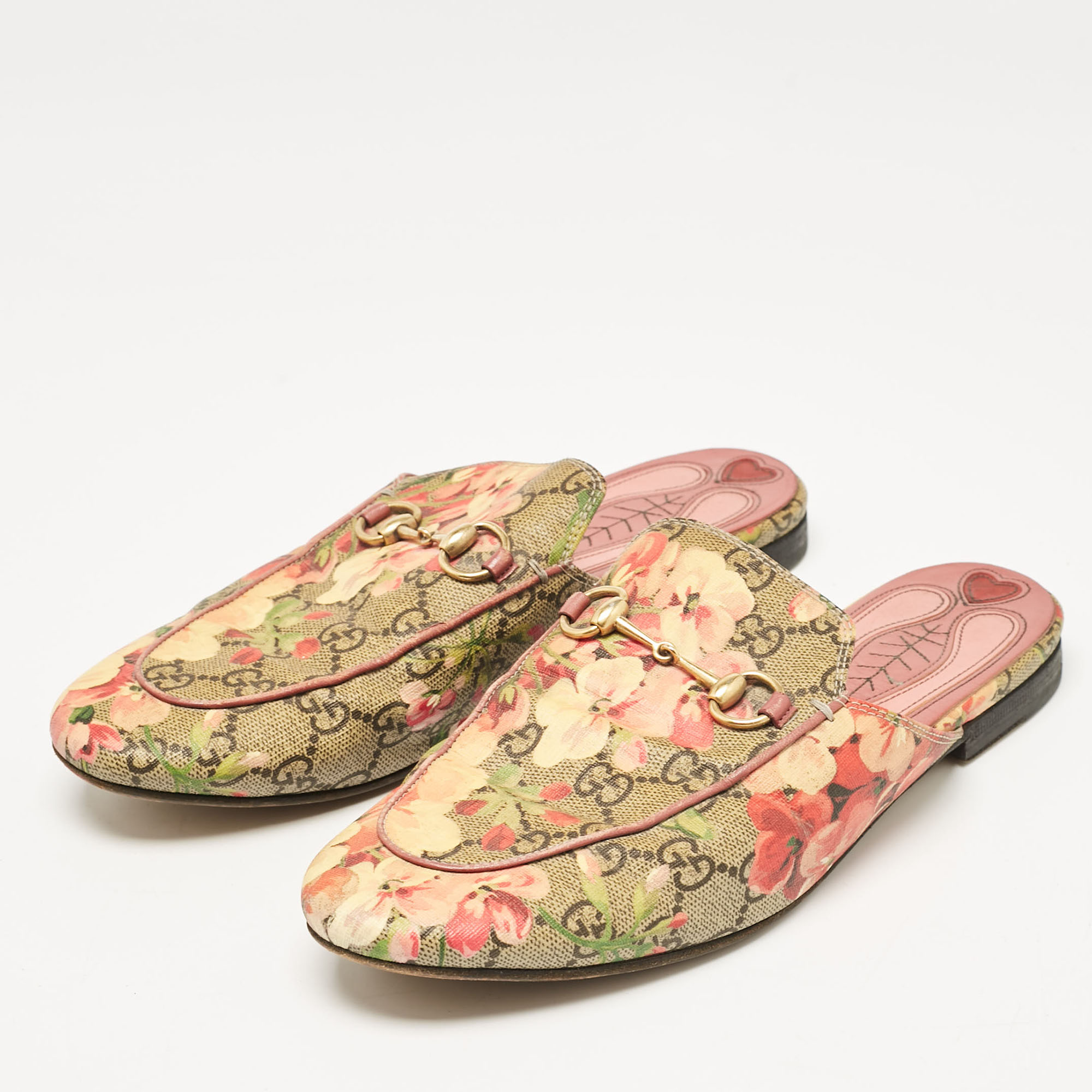 Gucci Beige/Brown GG Supreme Canvas Blooms Print Princetown Flat Mules Size 39