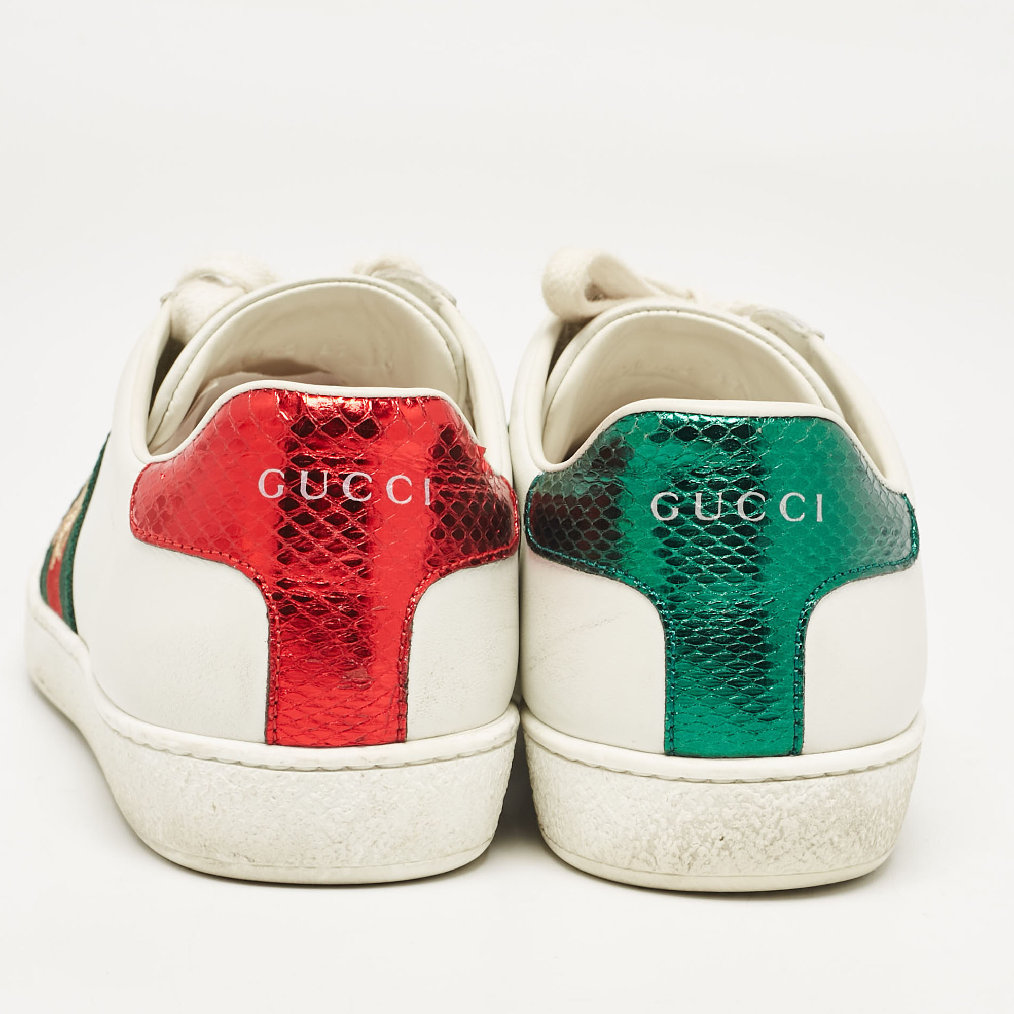 Gucci White Leather Bee Embroidered Web Ace Low Top Sneakers Size 37