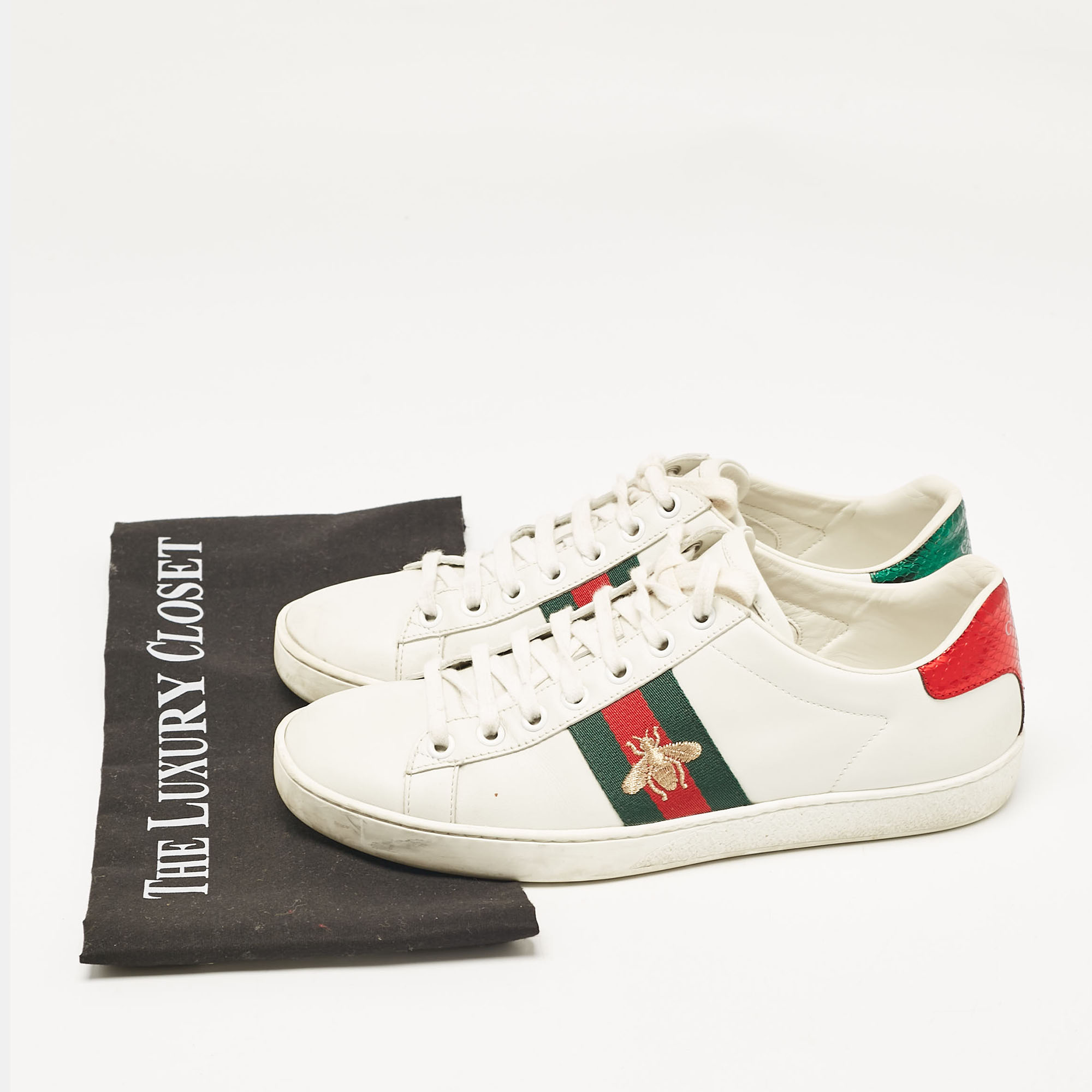 Gucci White Leather Bee Embroidered Web Ace Low Top Sneakers Size 37