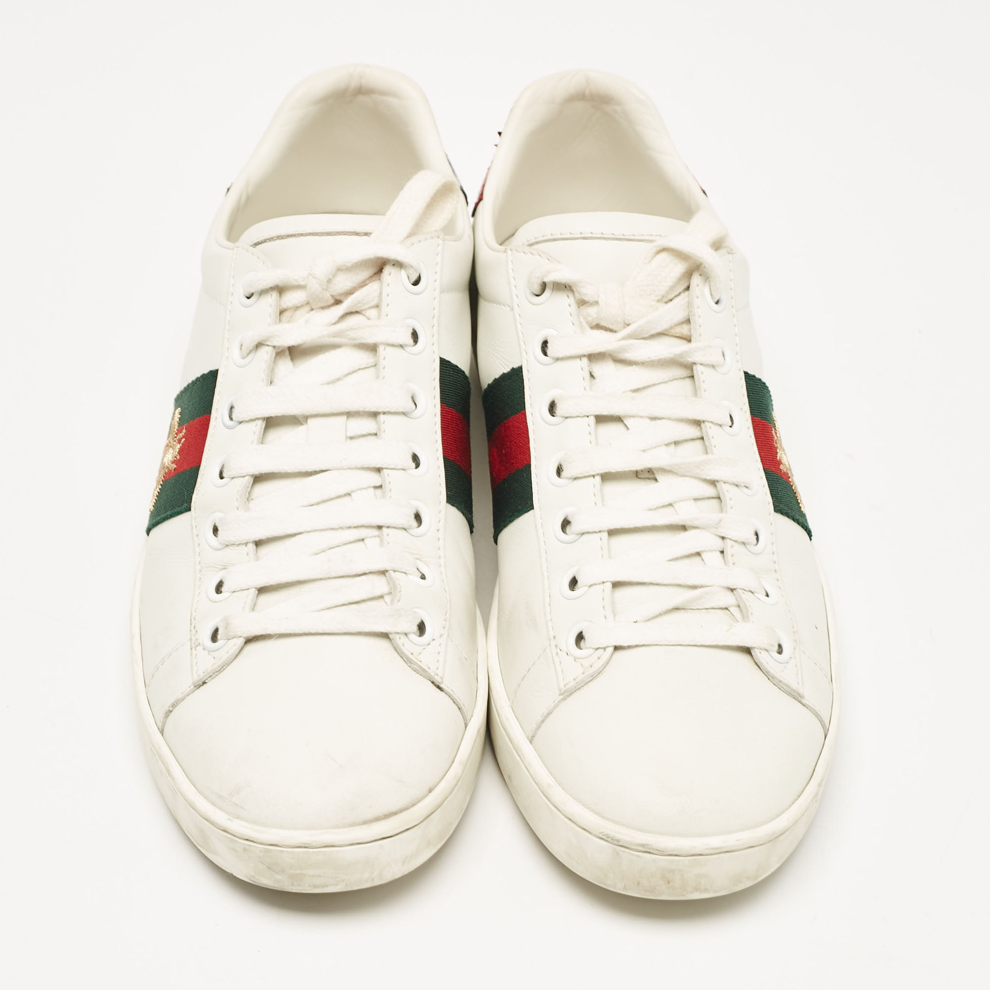 Gucci White Leather Bee Embroidered Web Ace Low Top Sneakers Size 37