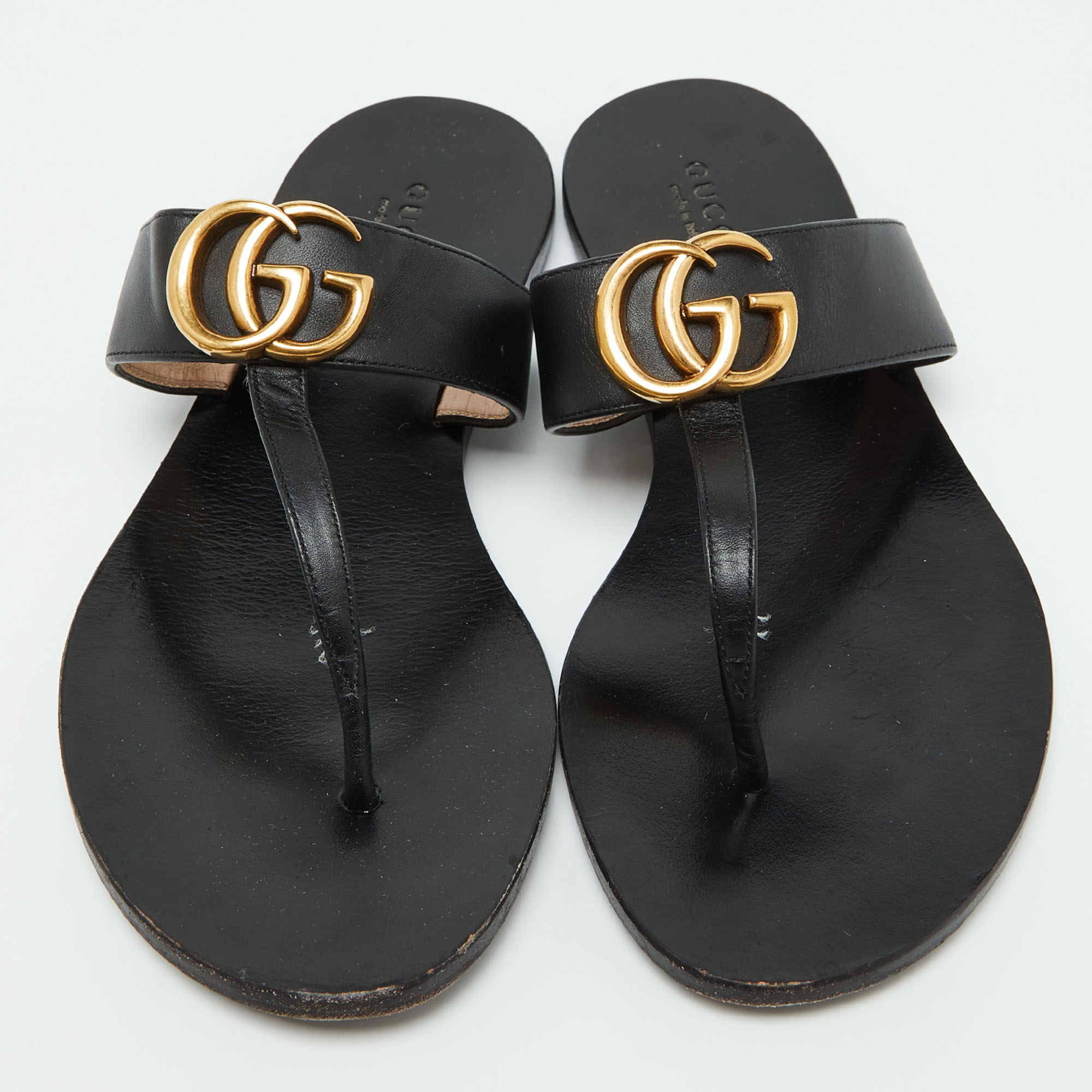 Gucci Black Leather GG Thong Flat Sandals Size 36.5