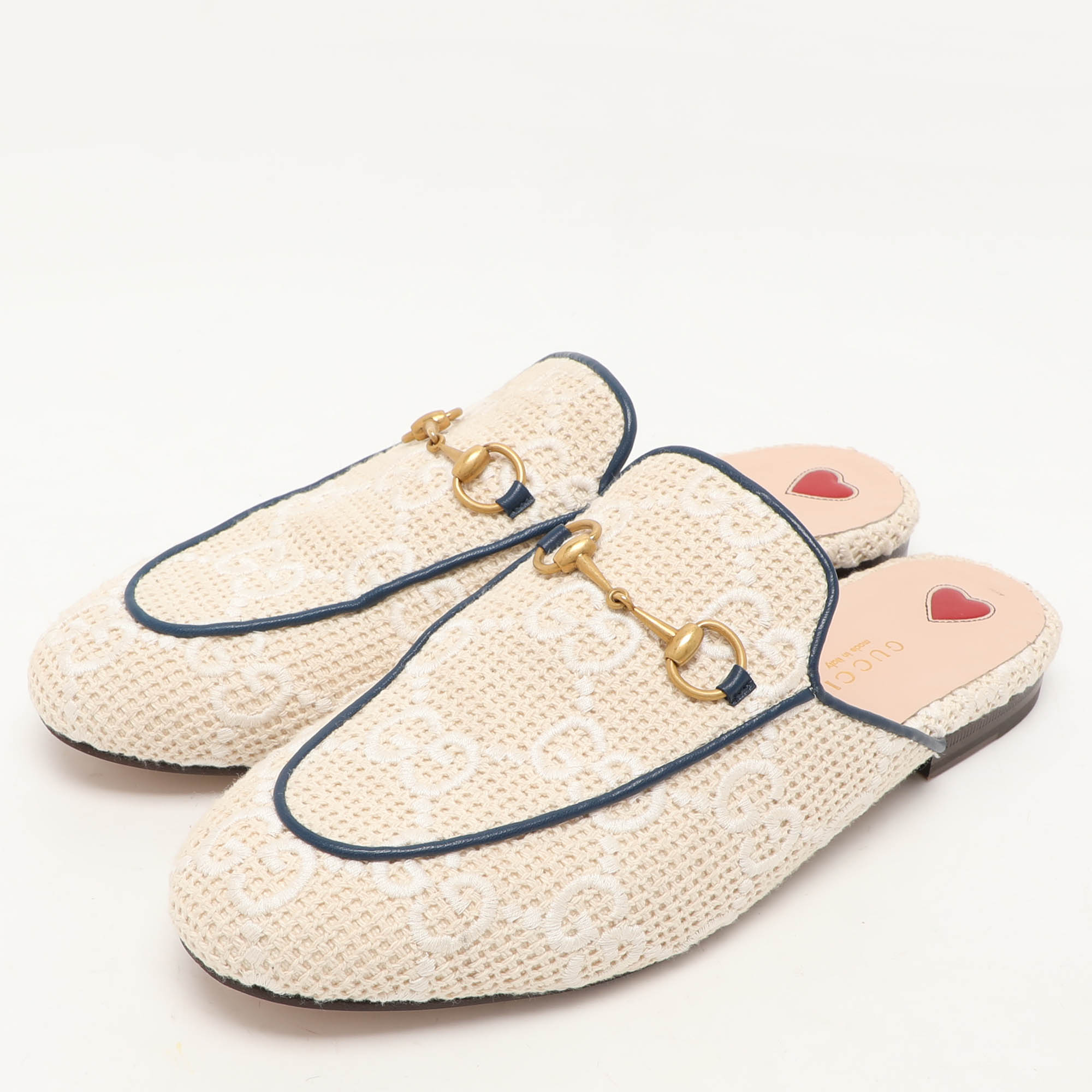 Gucci Cream Cotton Knit Crochet Princetown Mules Size 41