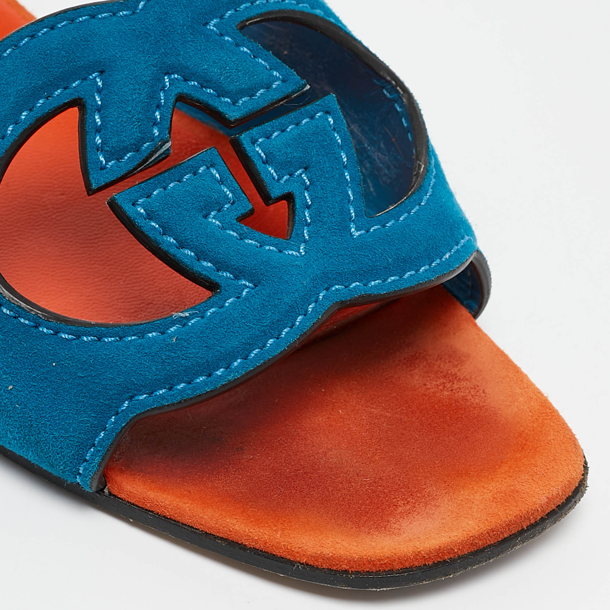 Gucci Blue Suede Interlocking G Flat Slides Size 37