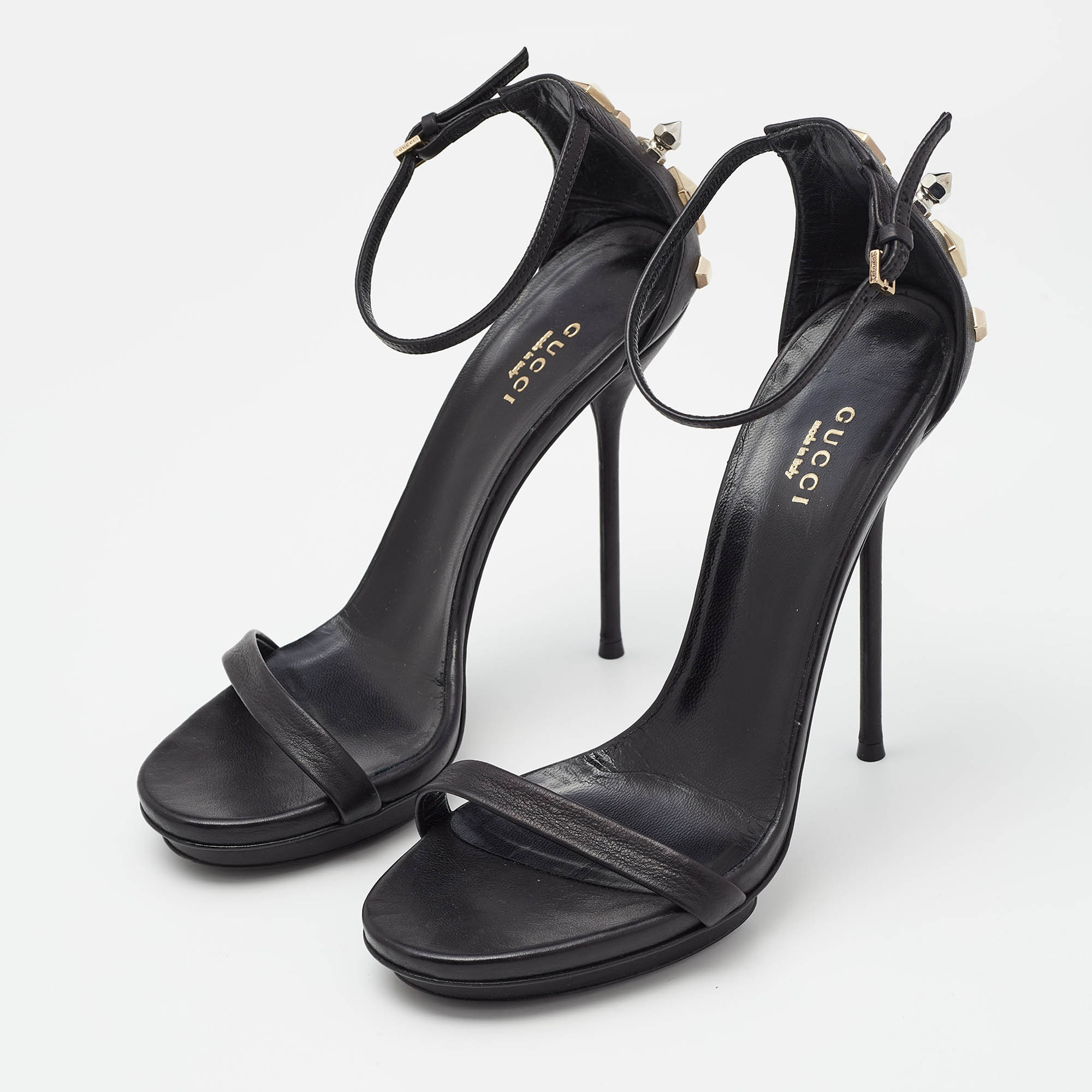 Gucci Black Leather Studded Ankle Strap Sandals Size 38