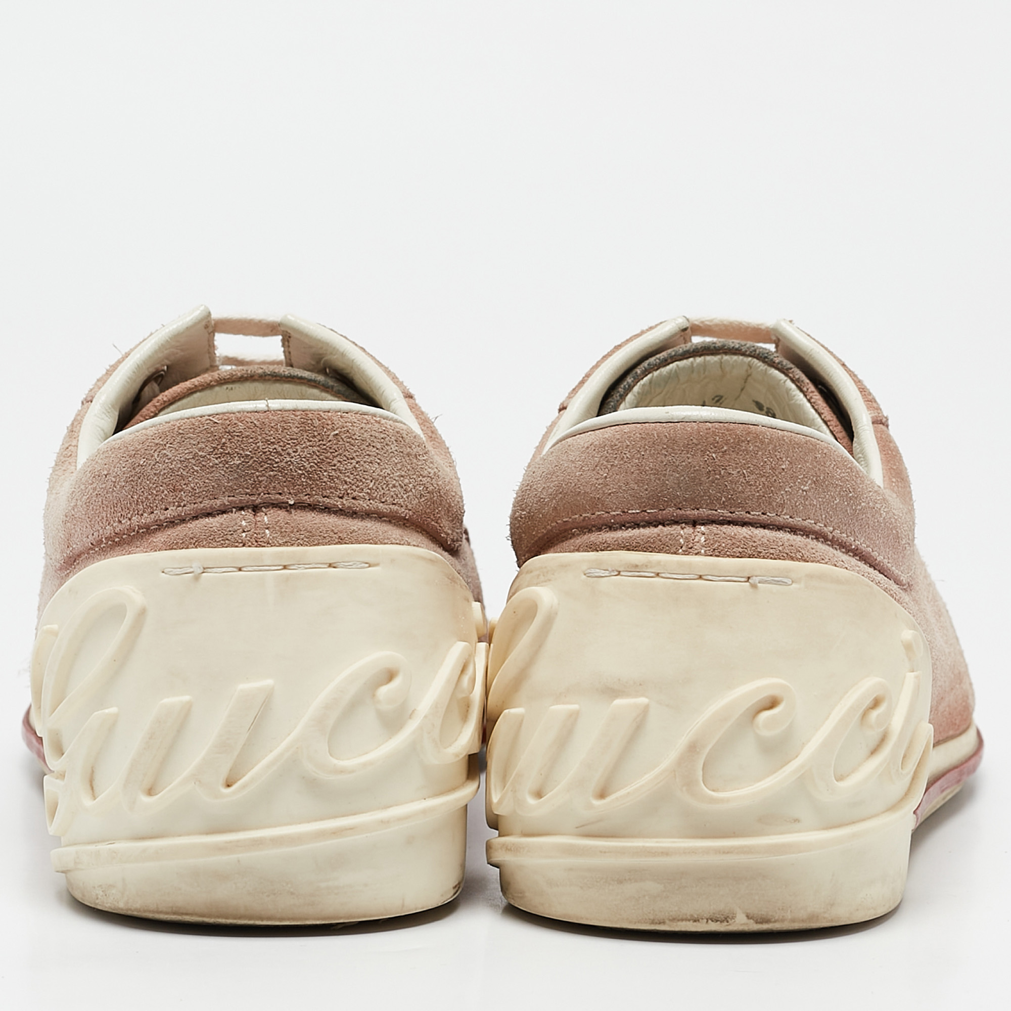 Gucci Pink/White Suede And Rubber Script Logo Sneakers Size 38