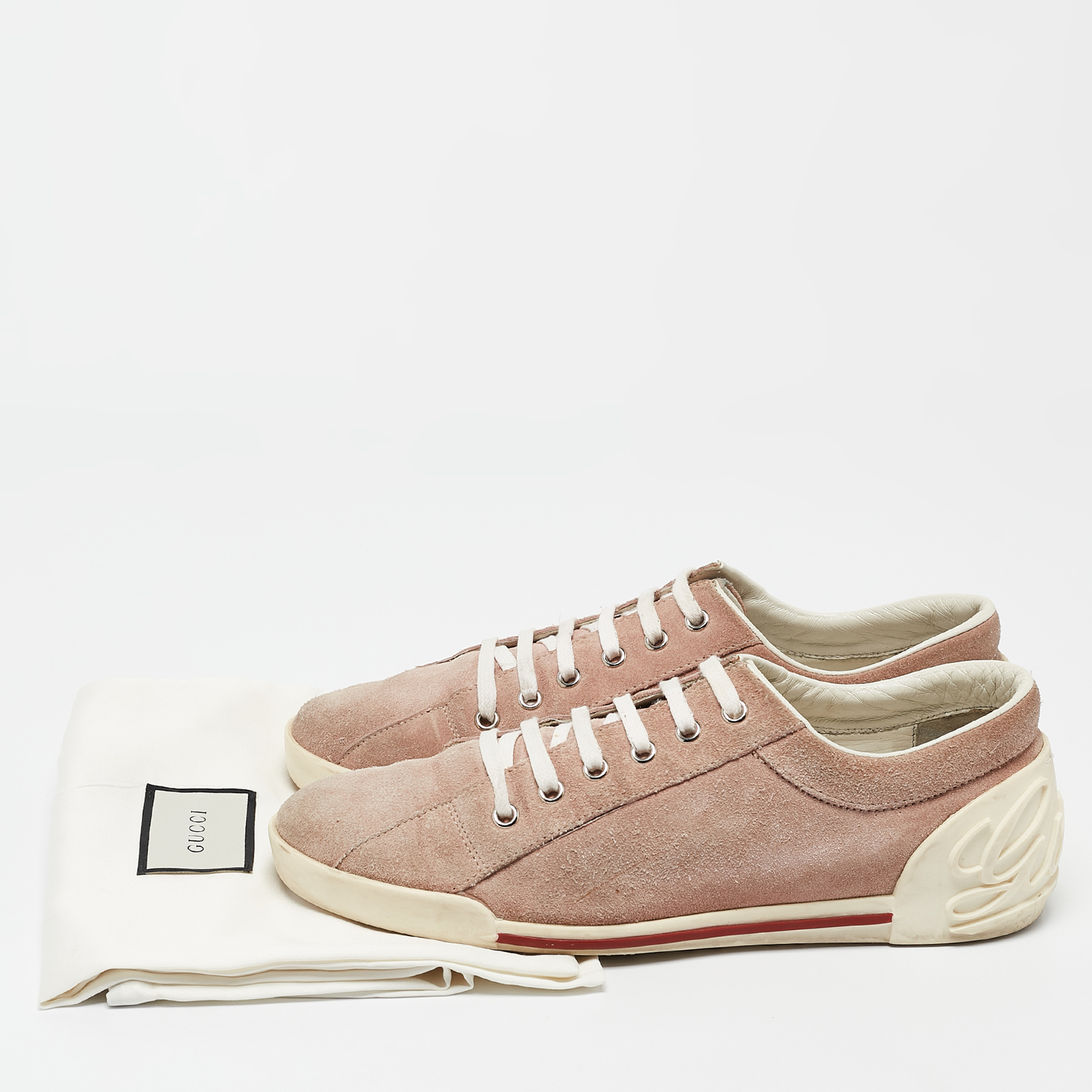 Gucci Pink/White Suede And Rubber Script Logo Sneakers Size 38