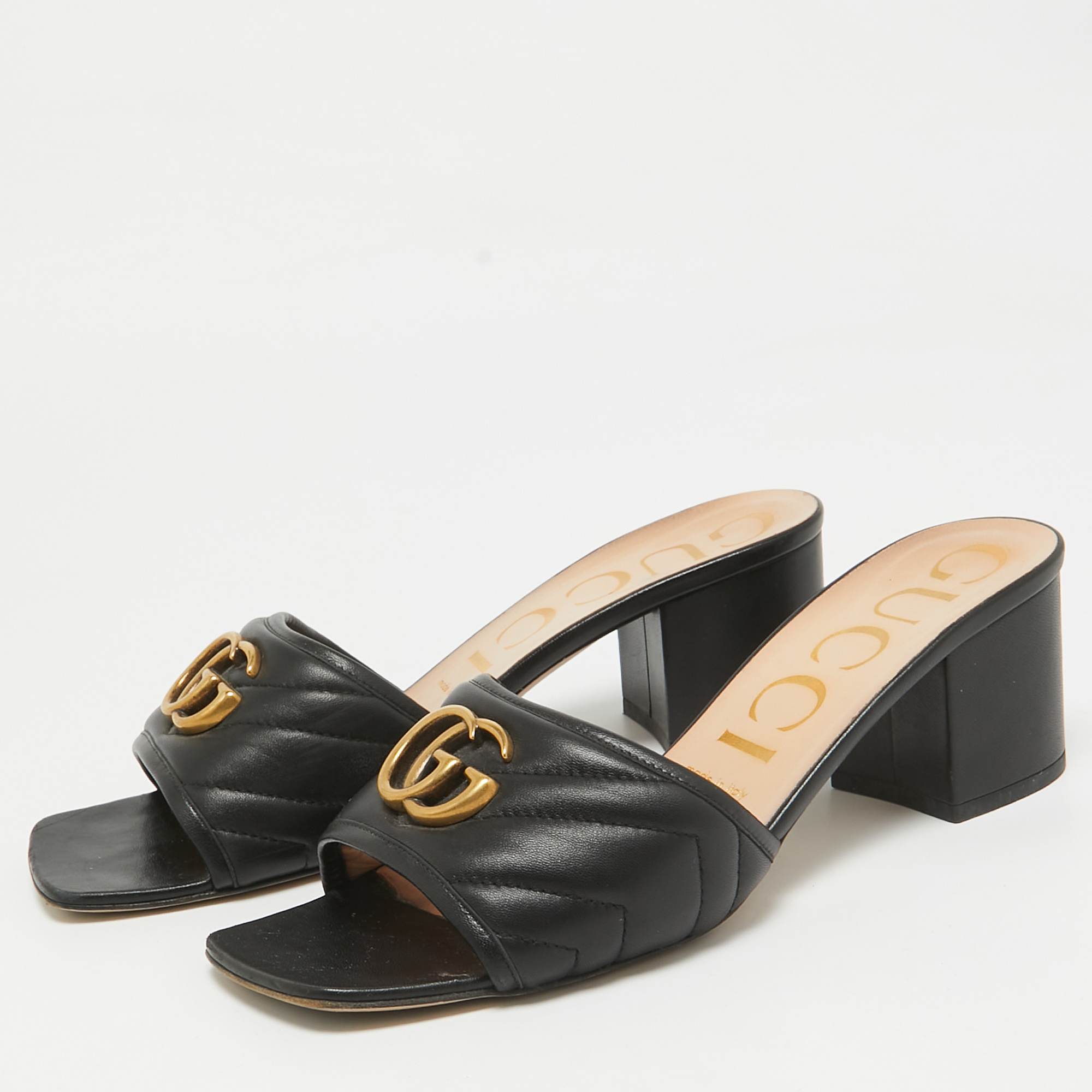 Gucci Black Quilted Leather GG Marmont Slide Sandals Size 39