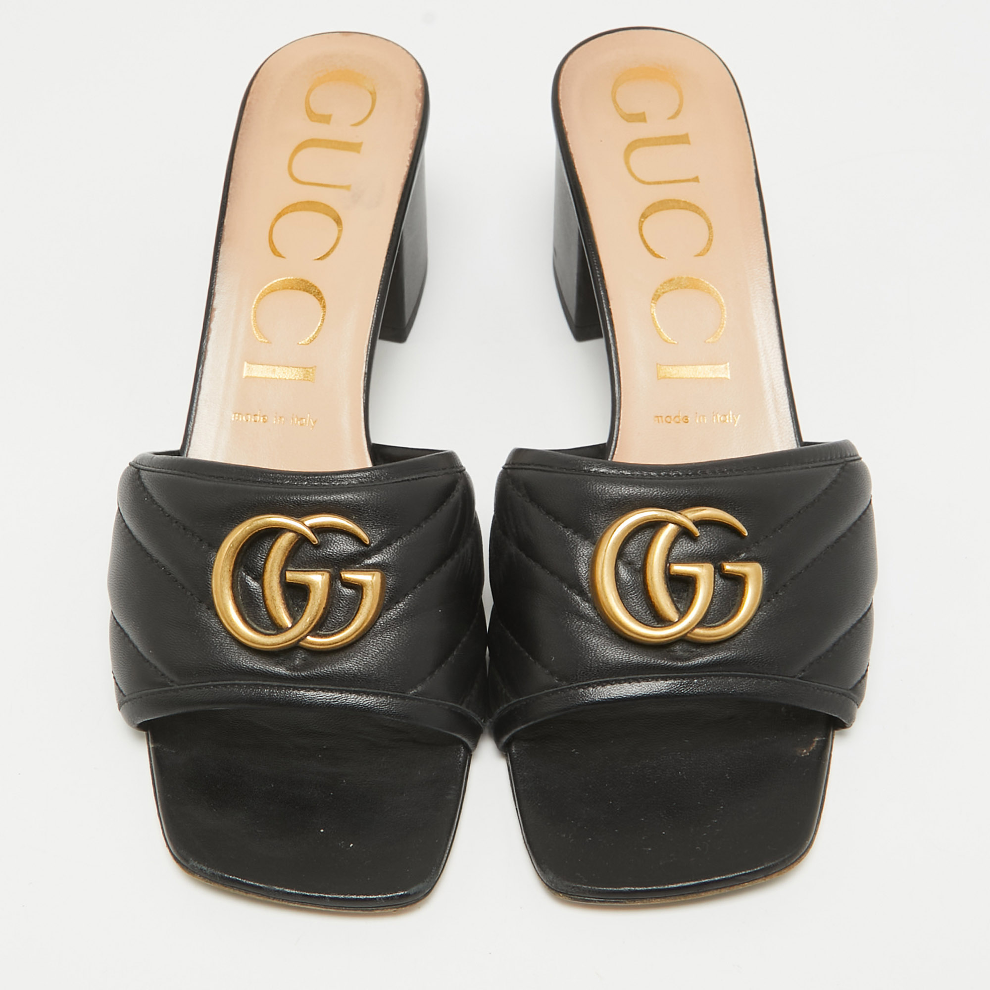 Gucci Black Quilted Leather GG Marmont Slide Sandals Size 39