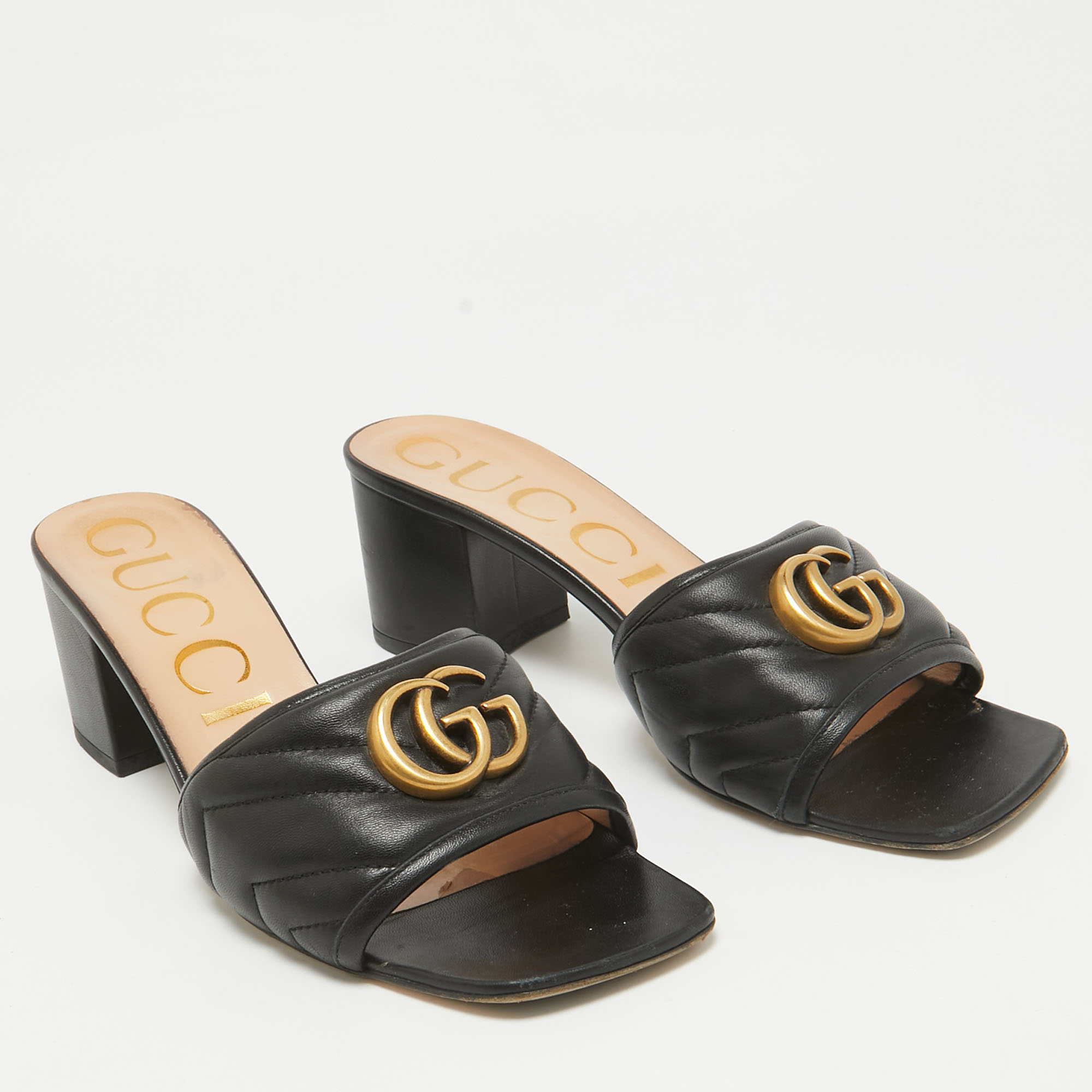 Gucci Black Quilted Leather GG Marmont Slide Sandals Size 39