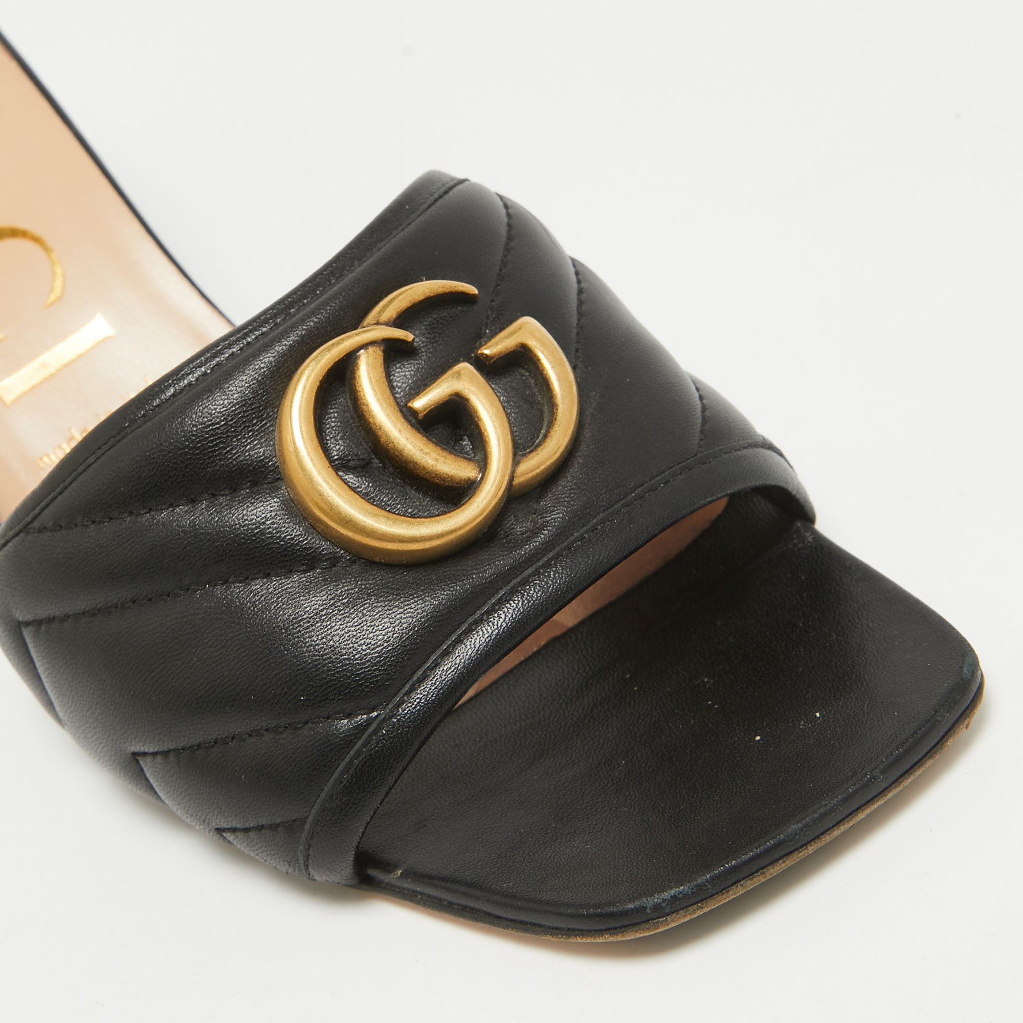 Gucci Black Quilted Leather GG Marmont Slide Sandals Size 39