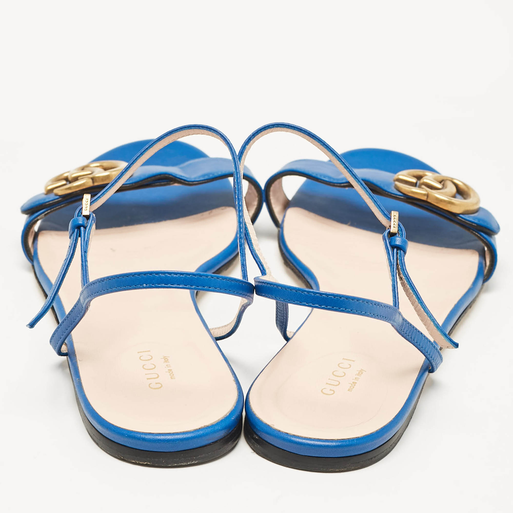 Gucci Blue Leather GG Marmont Flat Sandals Size 39.5