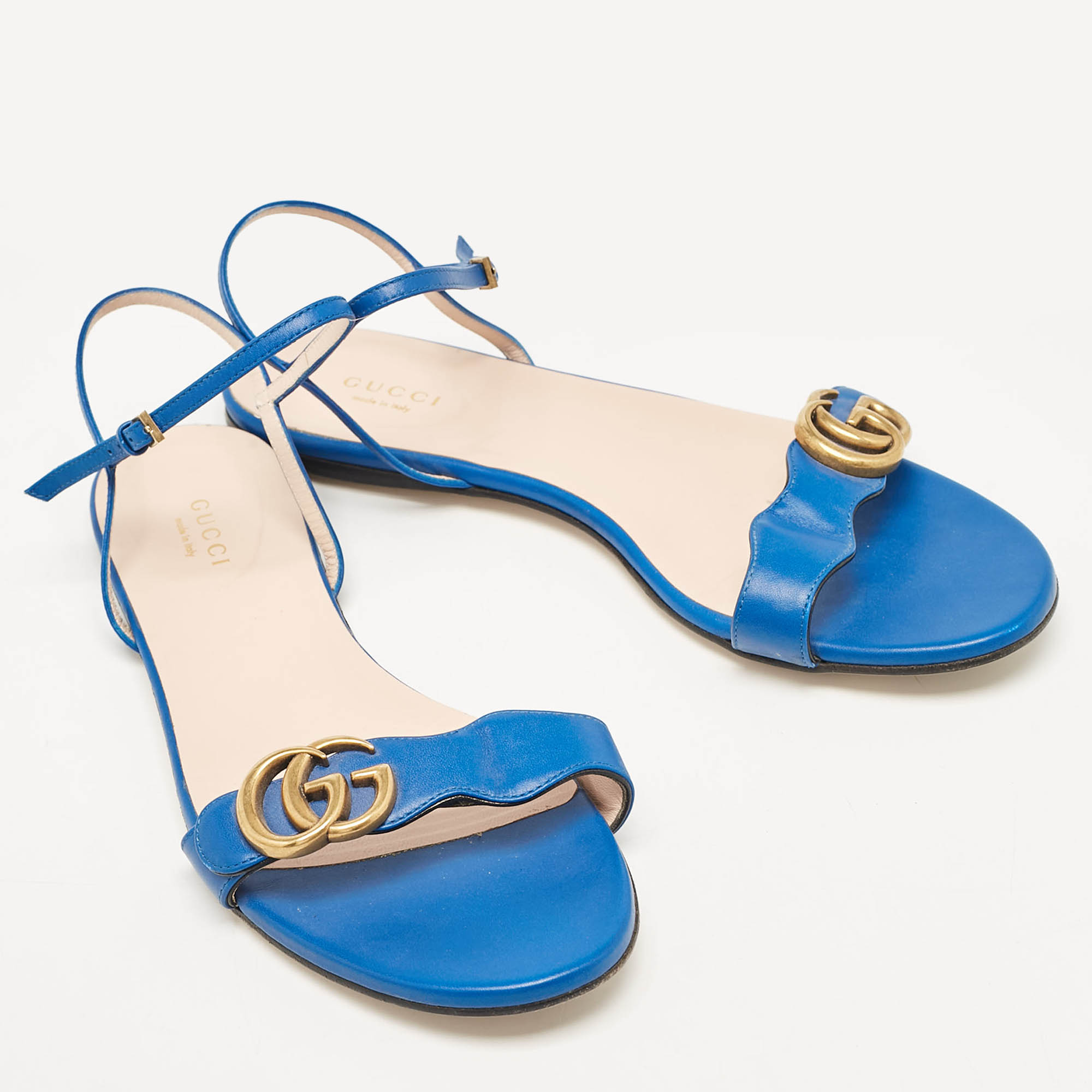 Gucci Blue Leather GG Marmont Flat Sandals Size 39.5