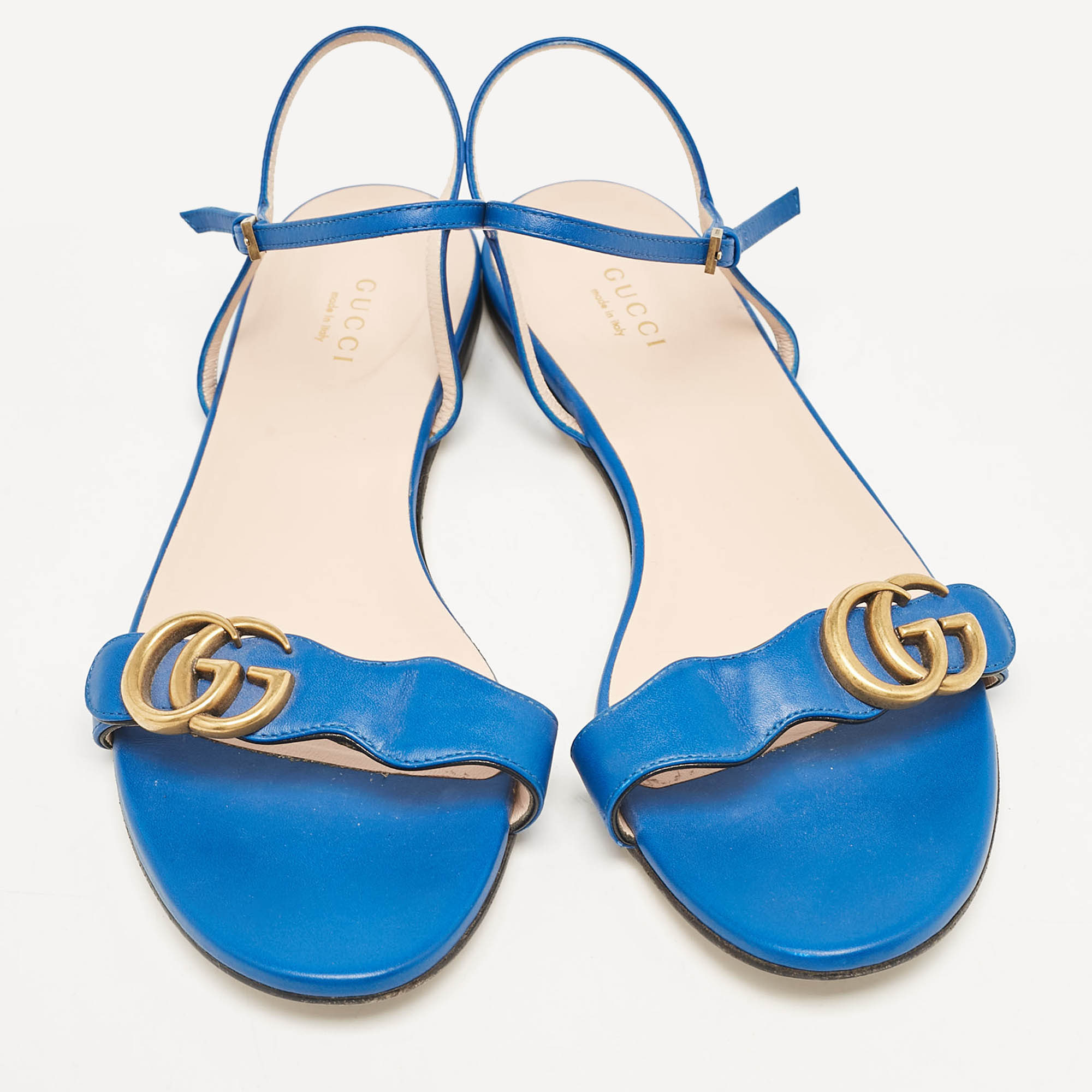 Gucci Blue Leather GG Marmont Flat Sandals Size 39.5