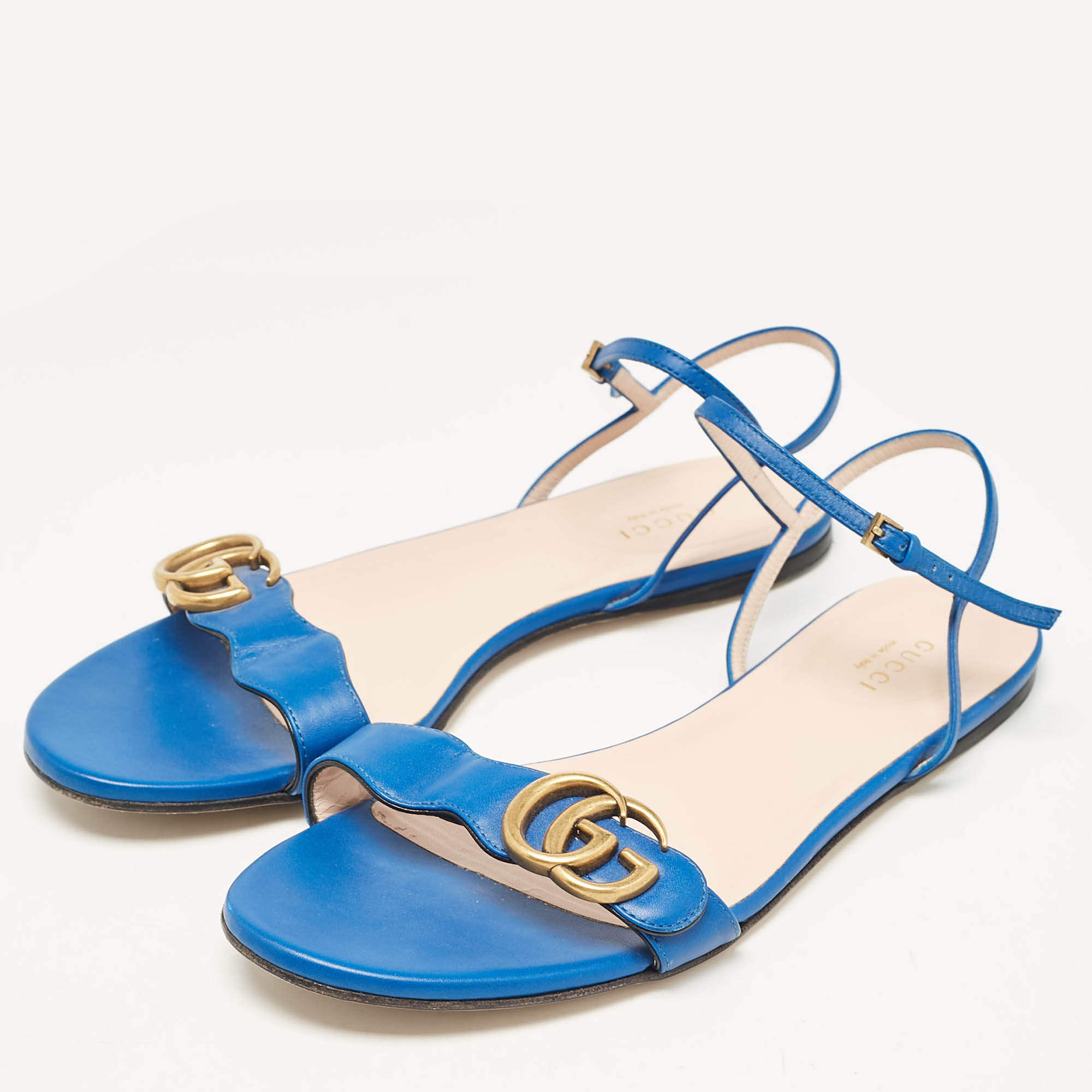 Gucci Blue Leather GG Marmont Flat Sandals Size 39.5