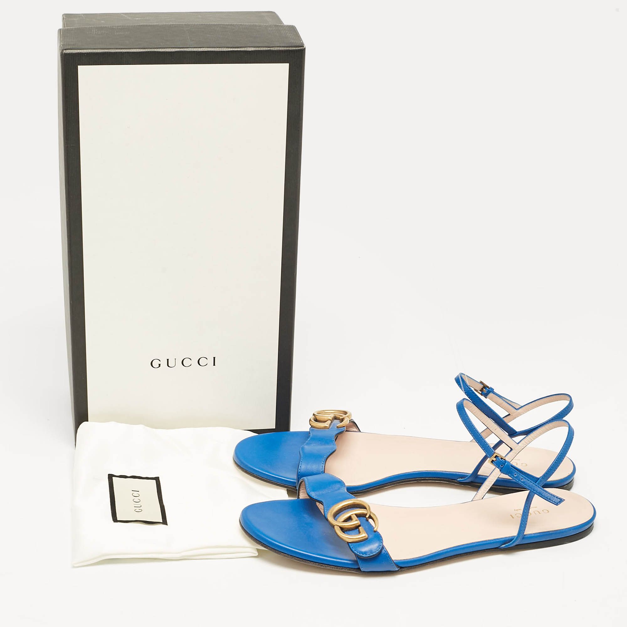 Gucci Blue Leather GG Marmont Flat Sandals Size 39.5