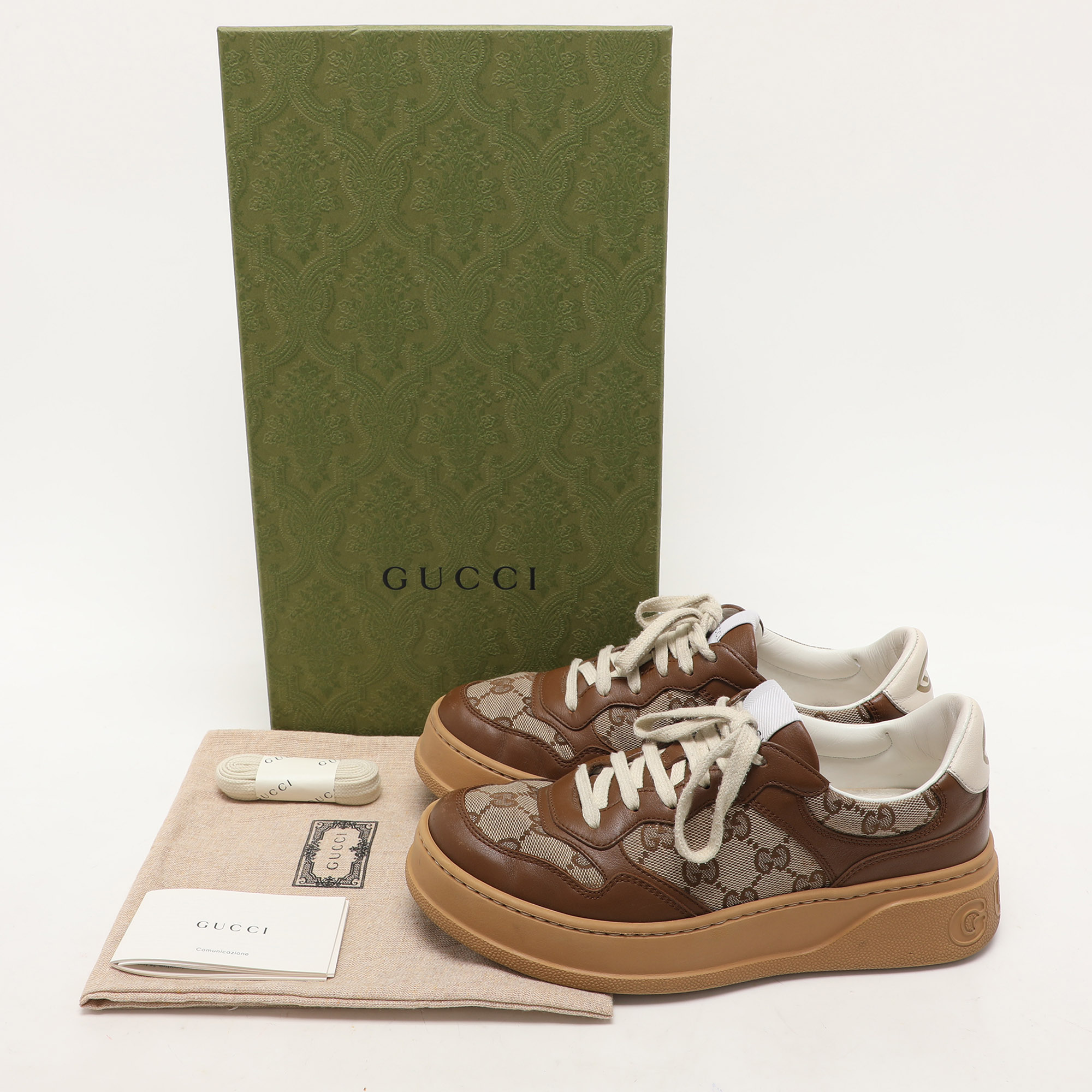 Gucci Beige/Brown Leather GG Canvas Trainers Sneakers Size 37