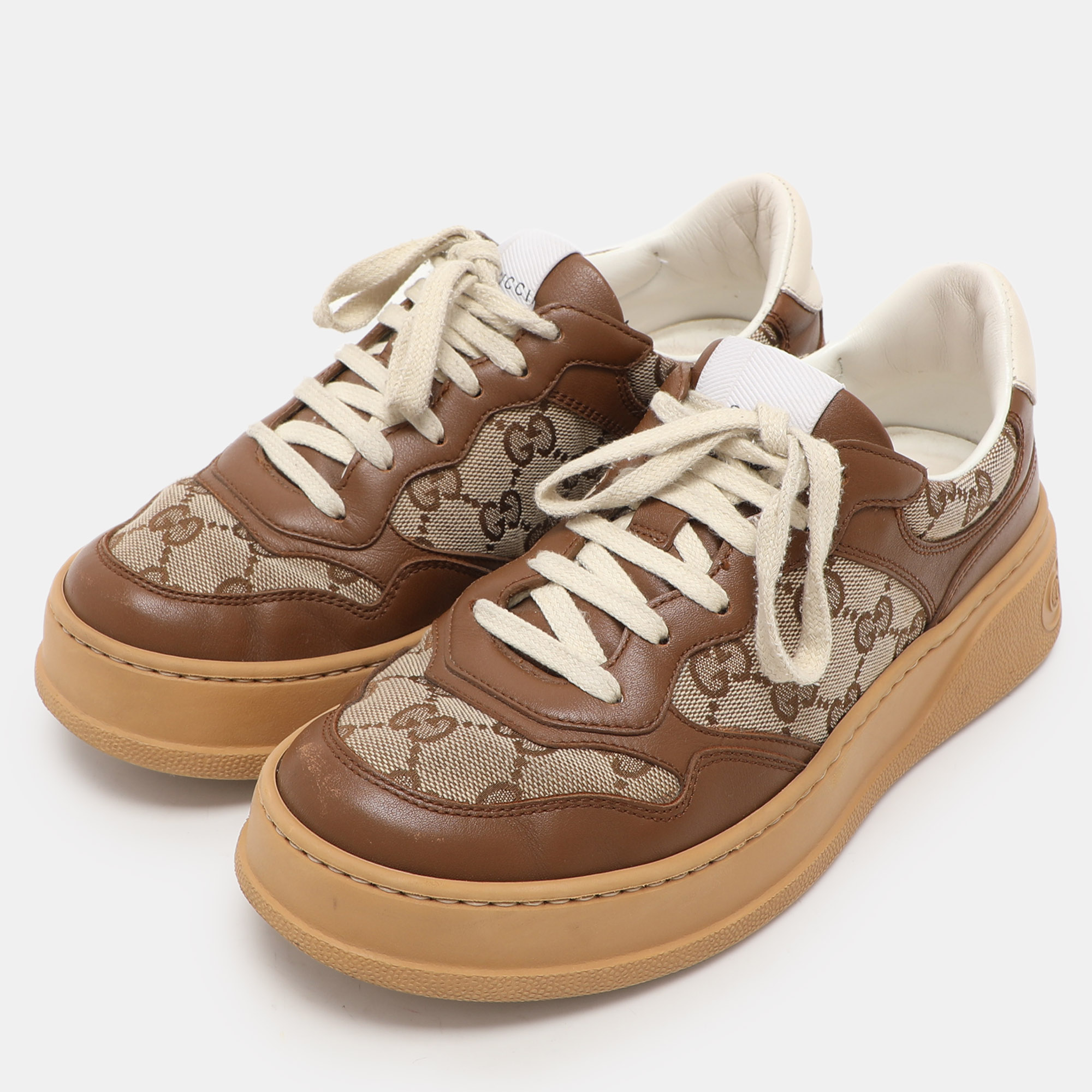 Gucci Beige/Brown Leather GG Canvas Trainers Sneakers Size 37