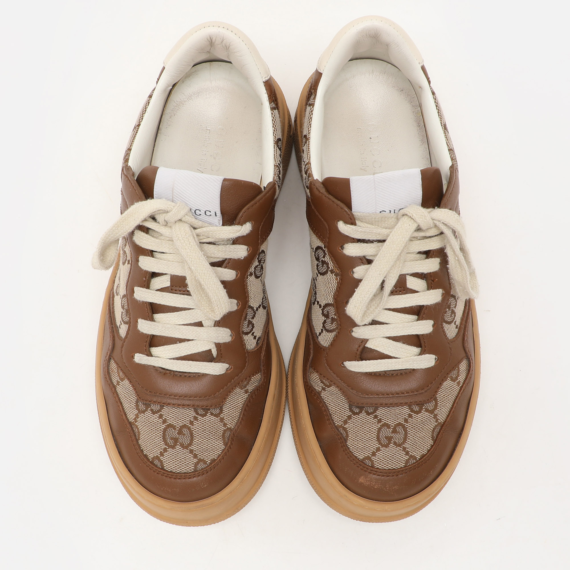 Gucci Beige/Brown Leather GG Canvas Trainers Sneakers Size 37