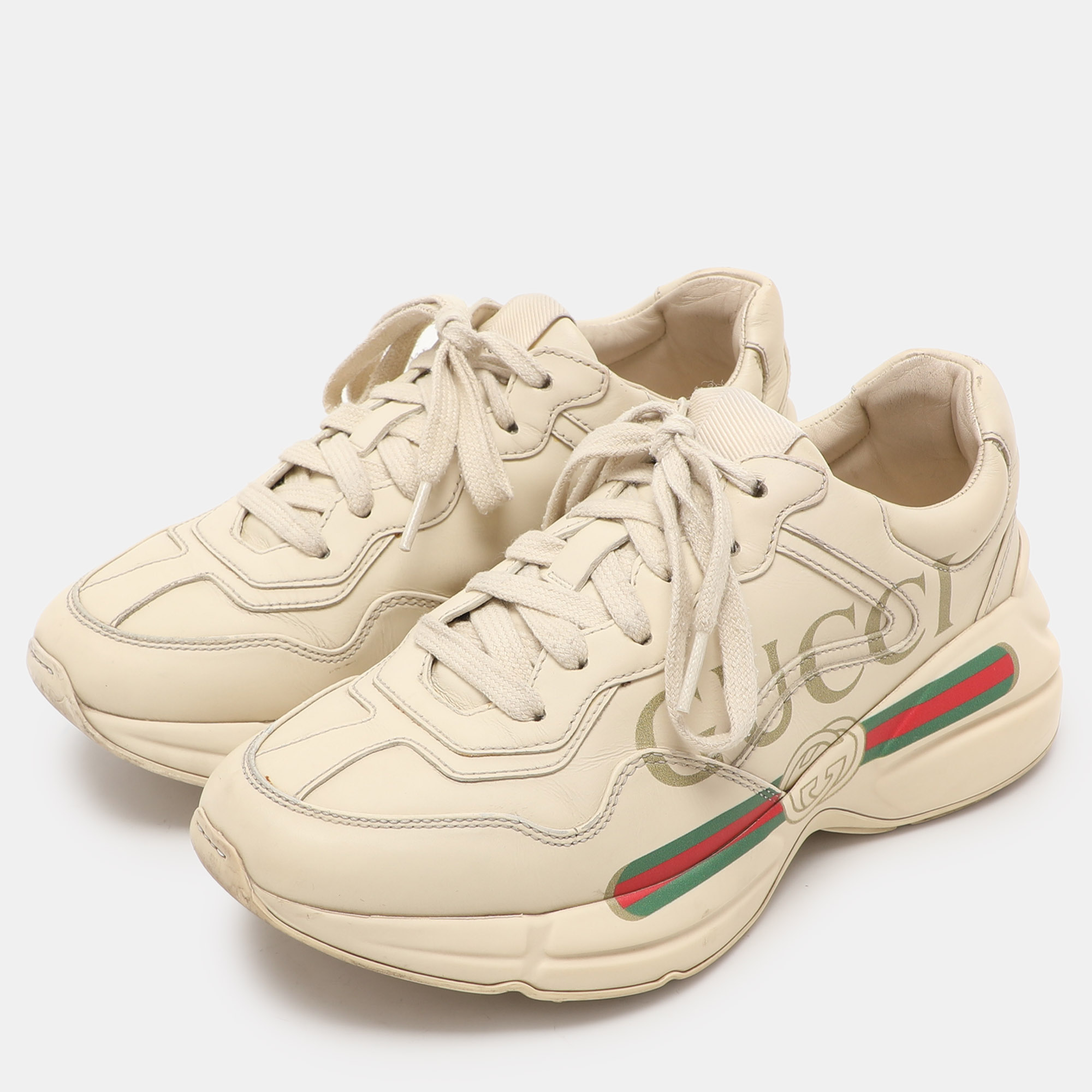 Gucci Cream Leather Rhyton Vintage Gucci Logo Sneakers Size 36.5