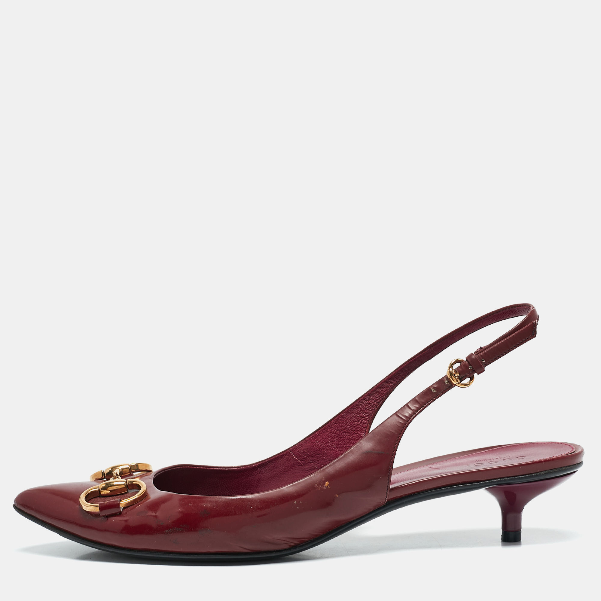 Gucci Burgundy Patent Leather Horsebit Slingback Pumps Size 40.5
