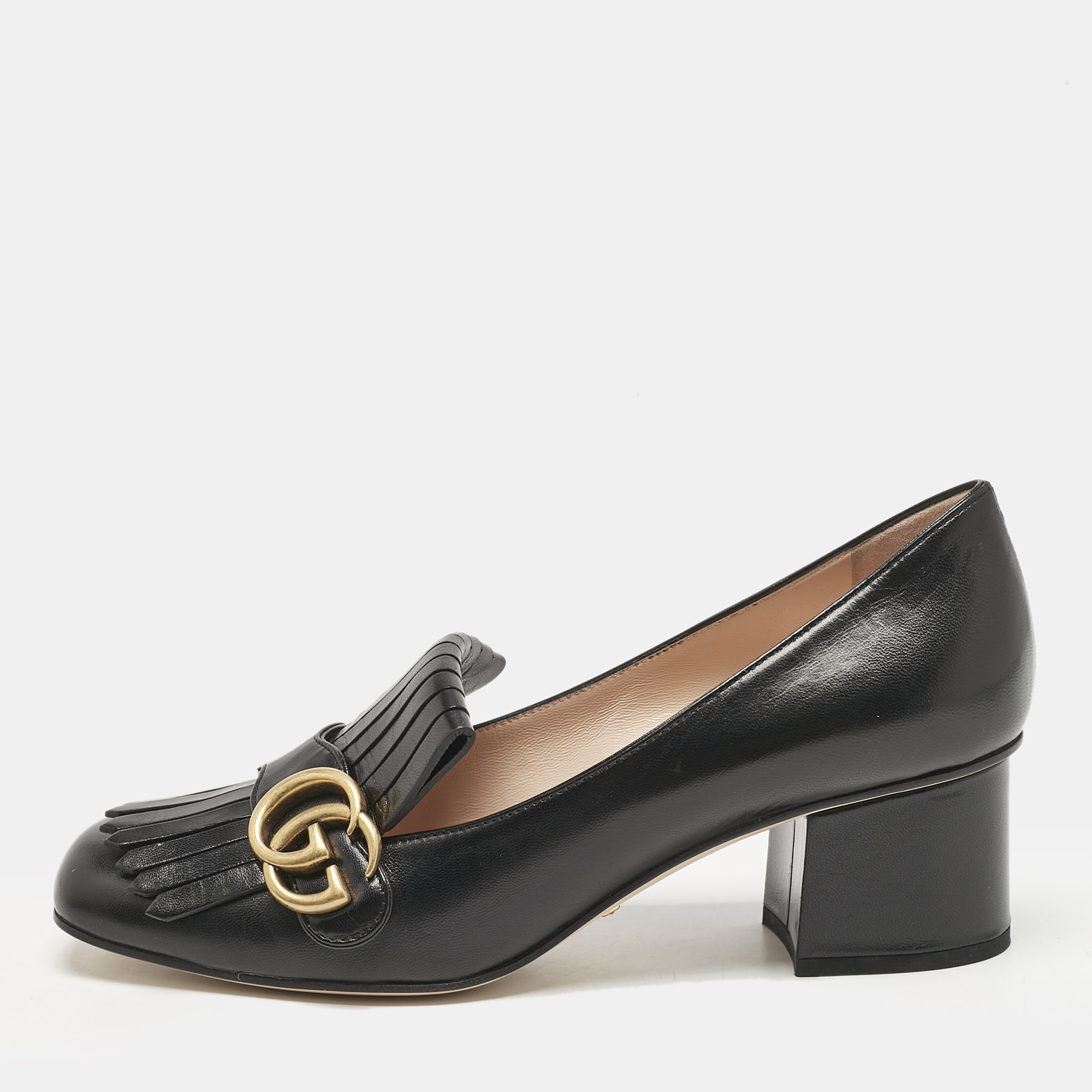 Gucci Black Leather Marmont GG Fringe Detail Block Heel Pumps Size
Gucci Black Leather Marmont GG Fringe Detail Block Heel Pumps Size