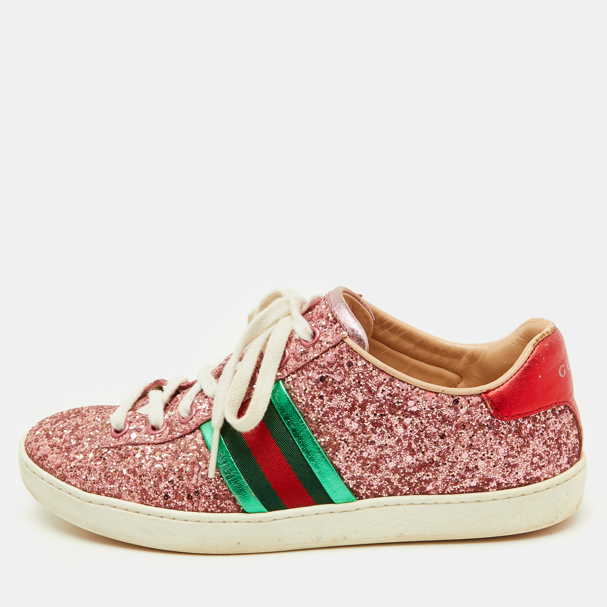 Gucci Pink Glitter and Leather Ace Web Detail Low Top Sneakers Size
Gucci Pink Glitter and Leather Ace Web Detail Low Top Sneakers Size