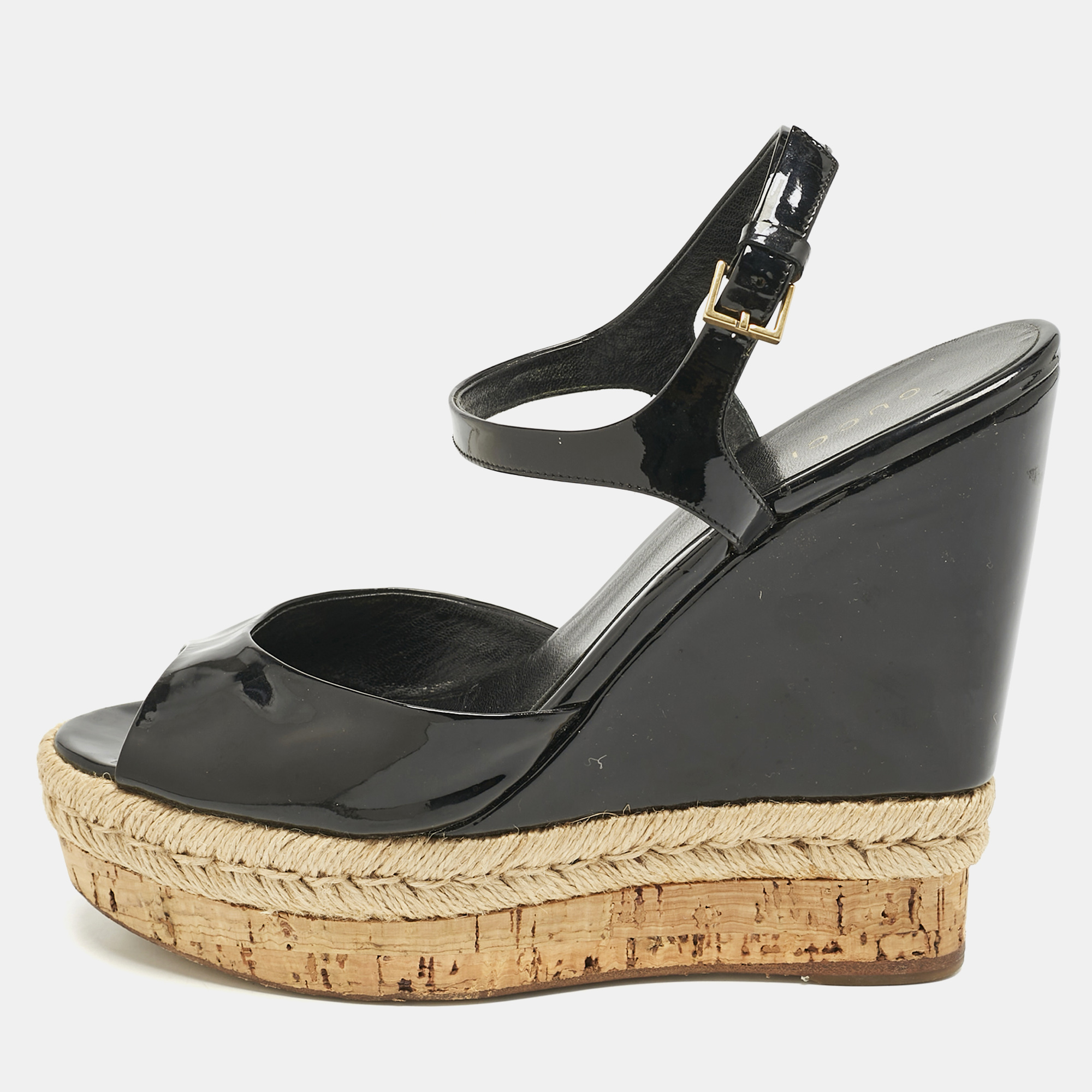 Gucci Black Patent Leather Cork Espadrille Platform Wedge Ankle Strap Sandals Size
Gucci Black Patent Leather Cork Espadrille Platform Wedge Ankle Strap Sandals Size