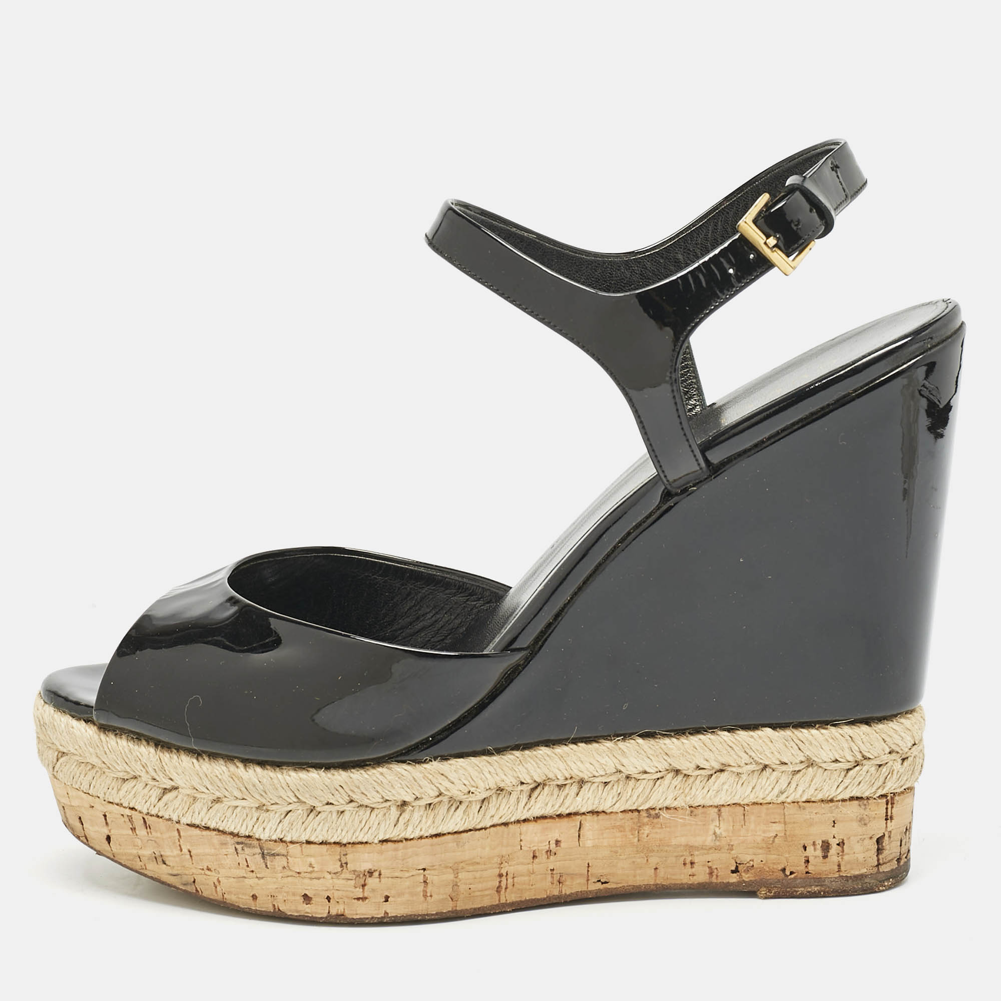 Gucci Black Patent Leather Cork Espadrille Platform Wedge Ankle Strap Sandals Size
Gucci Black Patent Leather Cork Espadrille Platform Wedge Ankle Strap Sandals Size