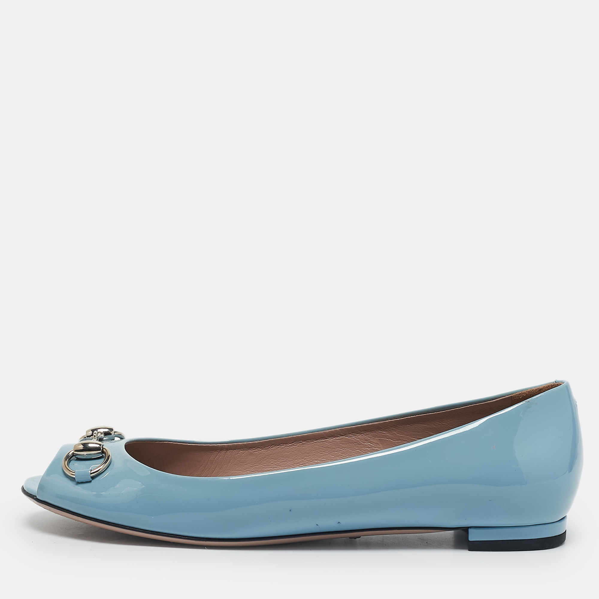 Gucci Light Blue Patent Leather Horsebit Peep Toe Ballet Flats Size
Gucci Light Blue Patent Leather Horsebit Peep Toe Ballet Flats Size