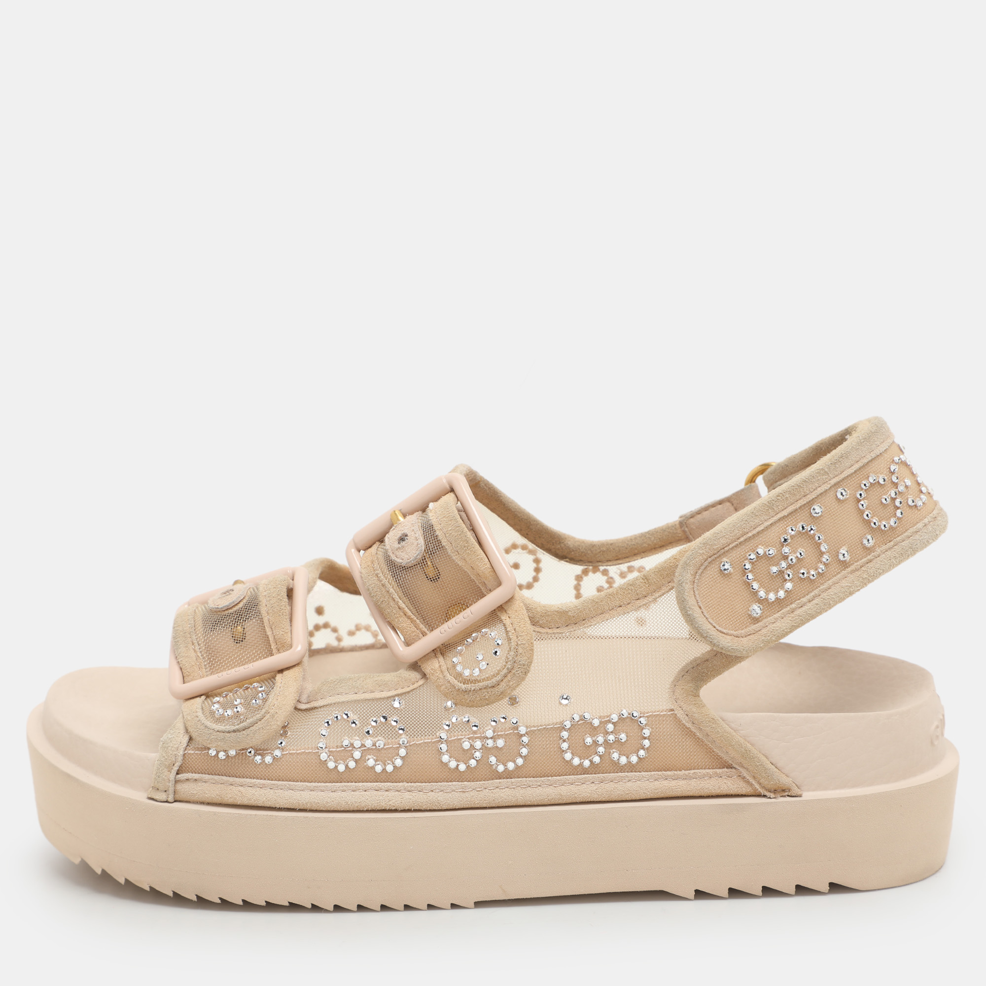 Gucci Beige Mesh and Suede Isla GG Crystal Embellished Slingback Sandals Size
Gucci Beige Mesh and Suede Isla GG Crystal Embellished Slingback Sandals Size