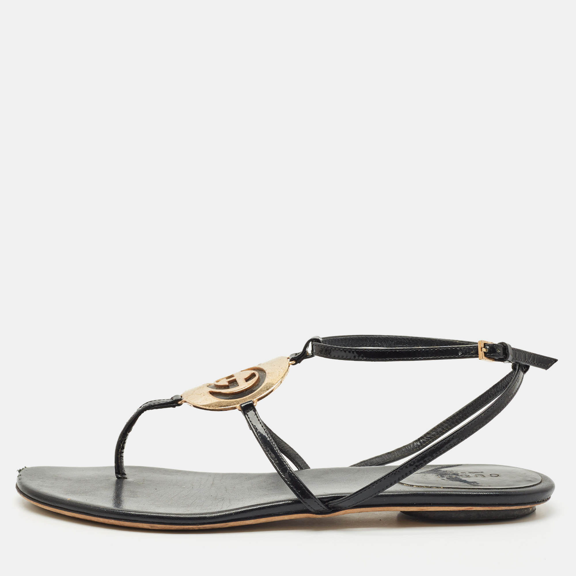 Gucci Black Patent Leather Logo Buckle Flat Thong Sandals Size
Gucci Black Patent Leather Logo Buckle Flat Thong Sandals Size