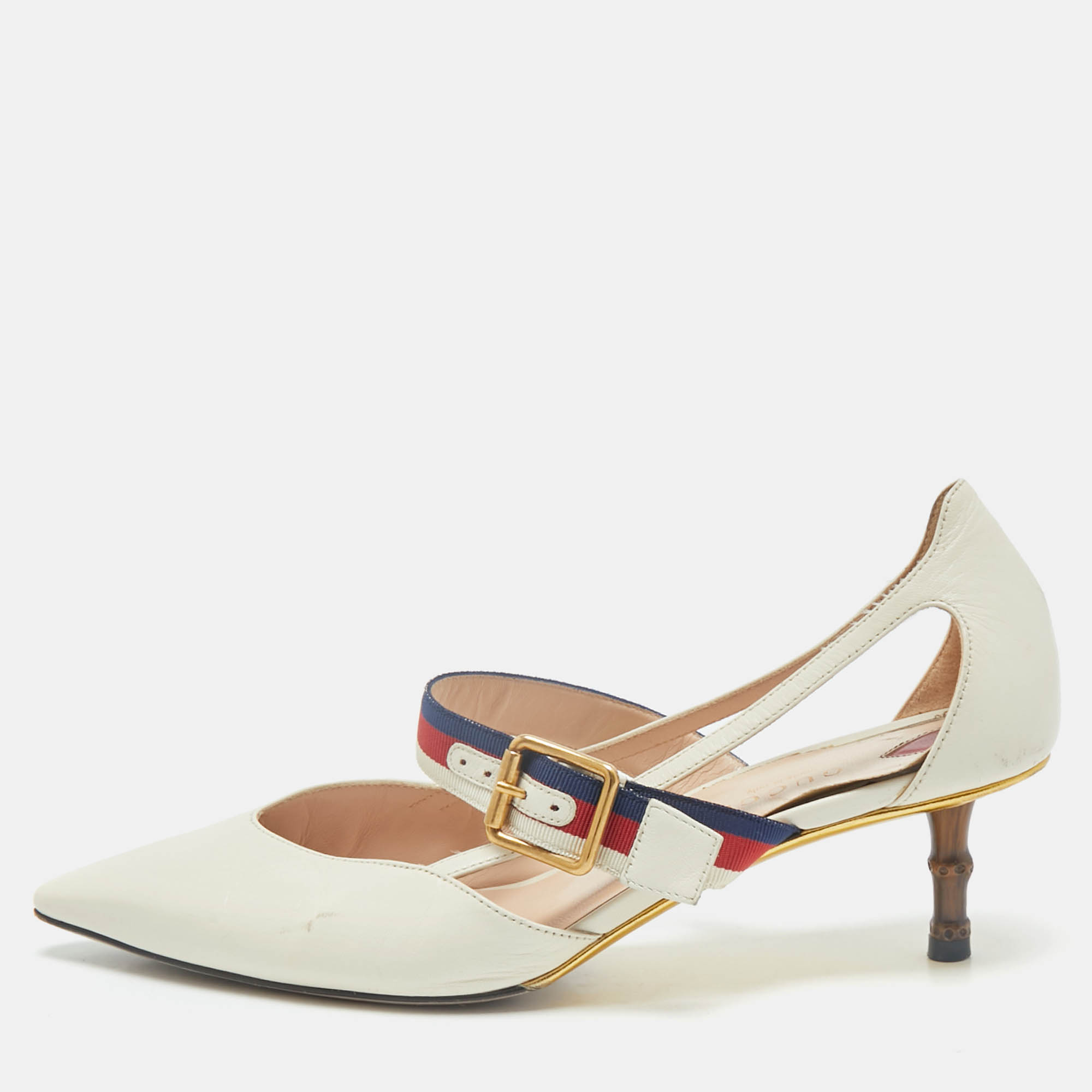 Gucci Cream Leather Sylvie Web Strap Bamboo Heel Unia Pumps Size, White
Gucci Cream Leather Sylvie Web Strap Bamboo Heel Unia Pumps Size, White