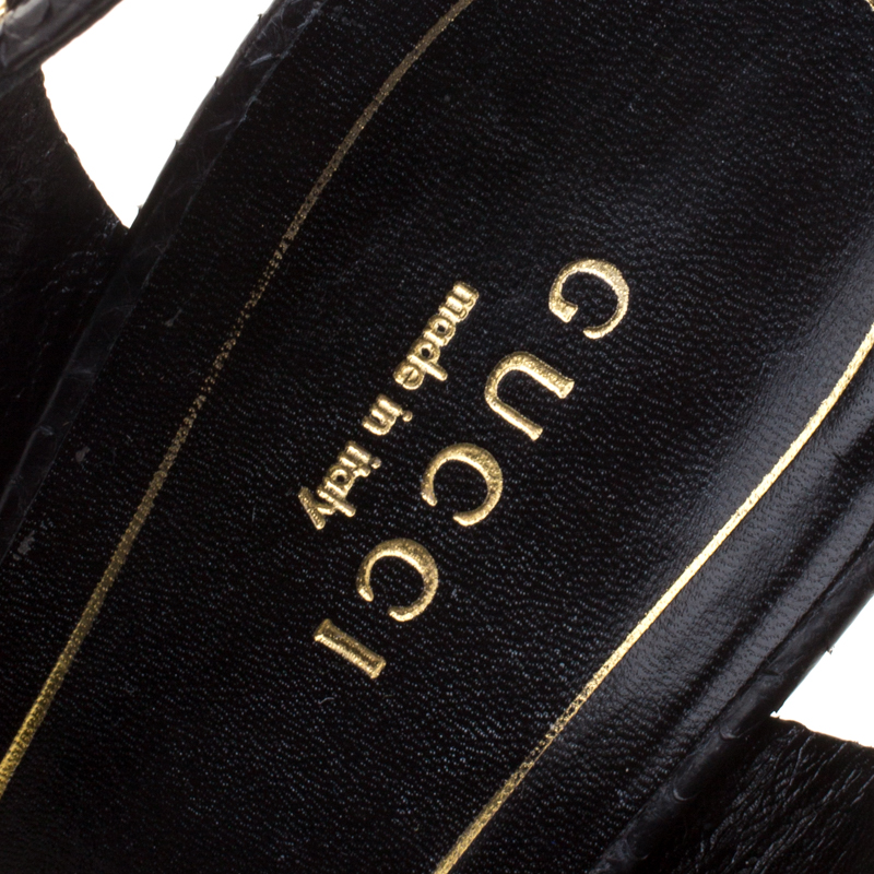 Gucci Black Studded Python Leather T-Strap Slingback Sandals Size 37.5