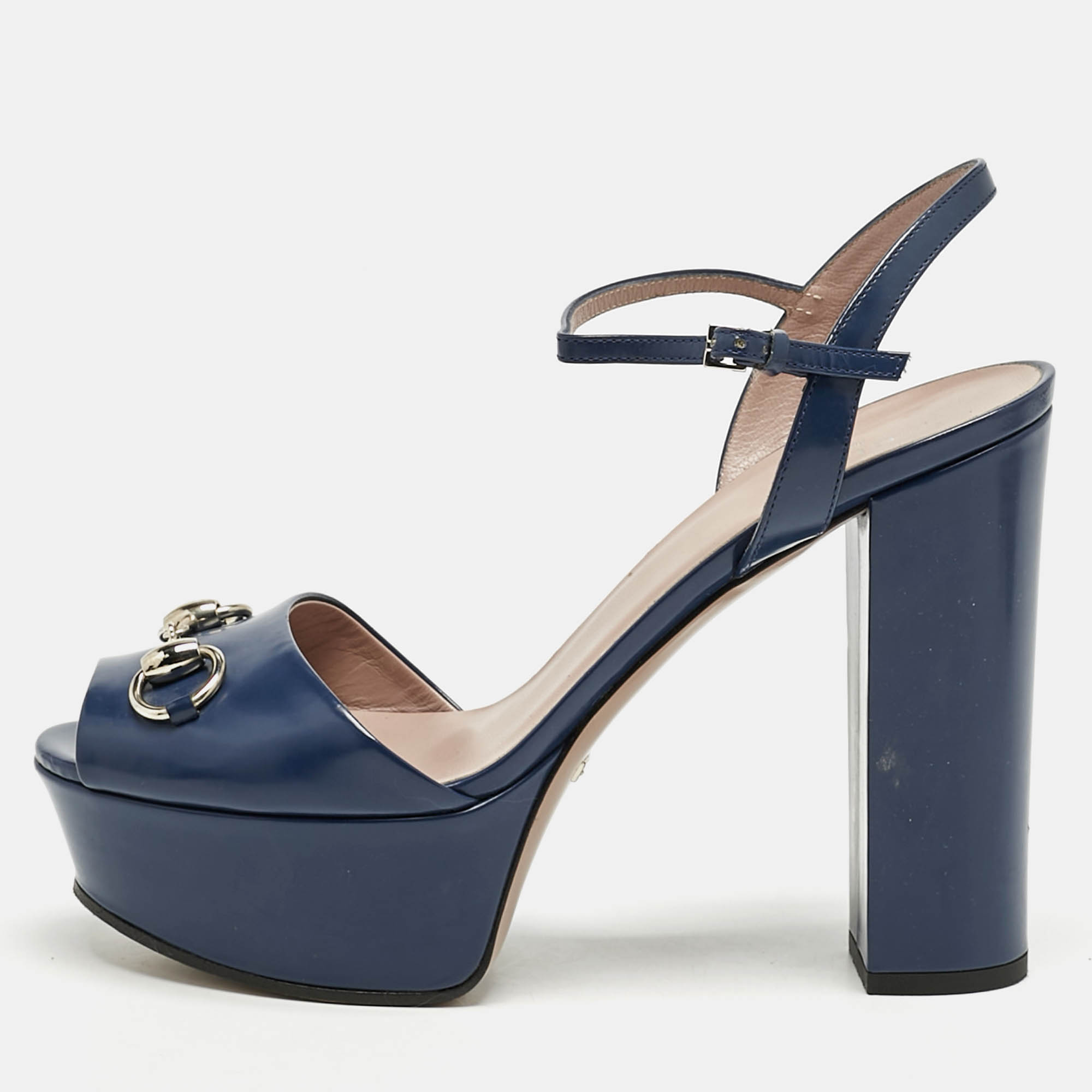 Gucci Blue Patent Leather Claudie Horsebit Platform Ankle Strap Sandals Size
Gucci Blue Patent Leather Claudie Horsebit Platform Ankle Strap Sandals Size
